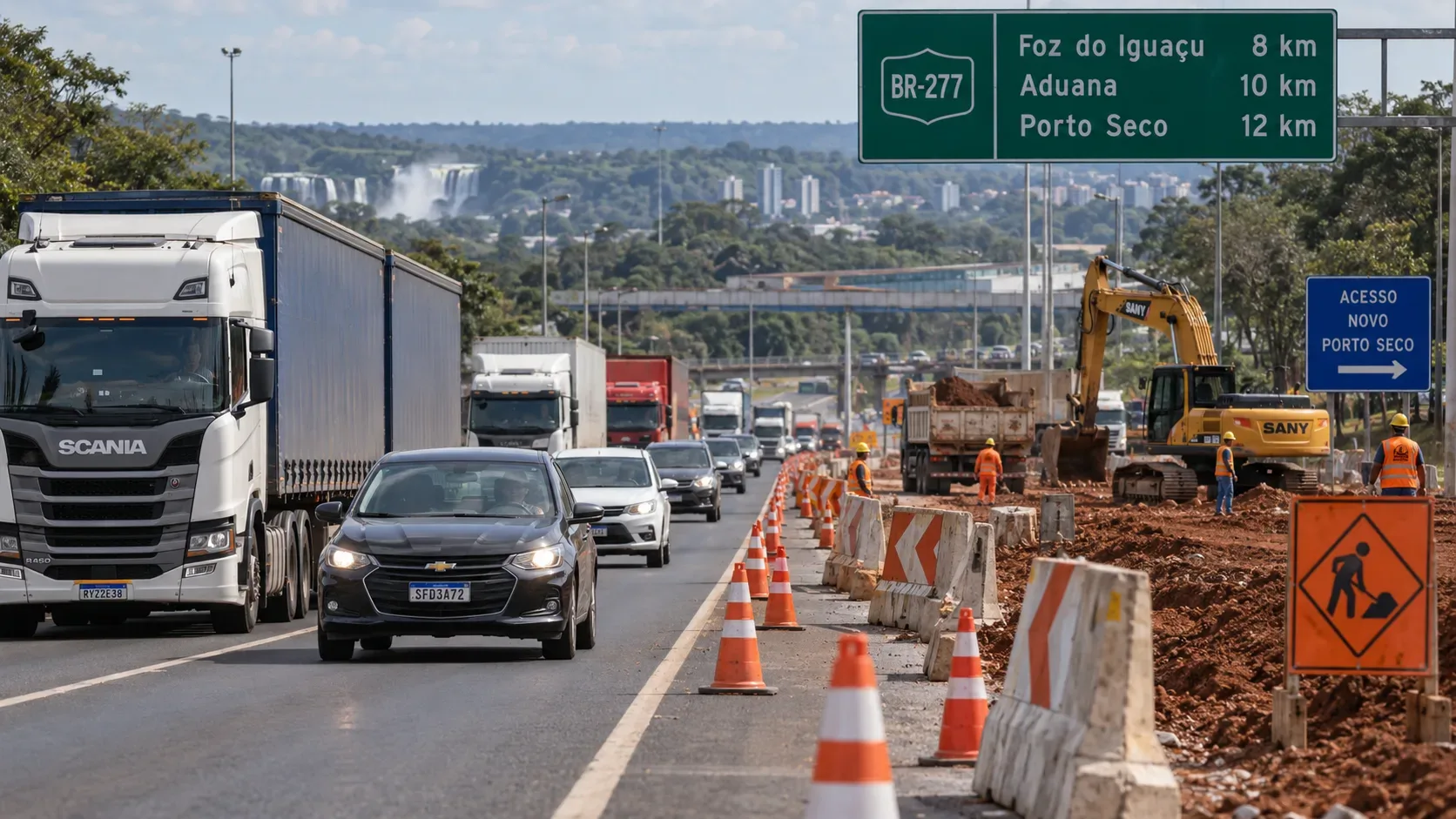 BR-277 com caminhões e carros em uma faixa, cones, barreiras e máquinas de obra ao lado da pista em Foz do Iguaçu.