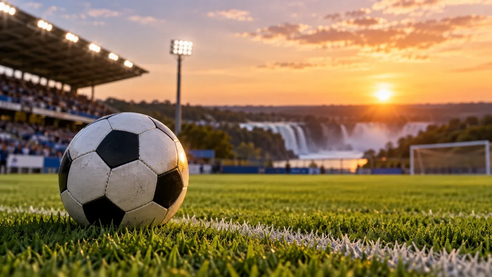Bola de futebol à beira do gramado, com estádio iluminado e cataratas ao fundo durante o pôr do sol.