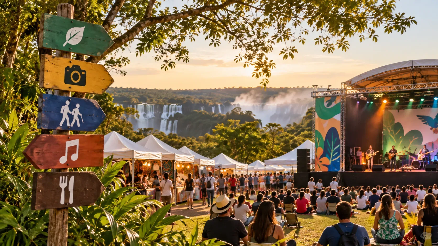 Cena editorial de festival ao ar livre ao pôr do sol, com palco, tendas, público e paisagem estilizada de cataratas ao fundo.