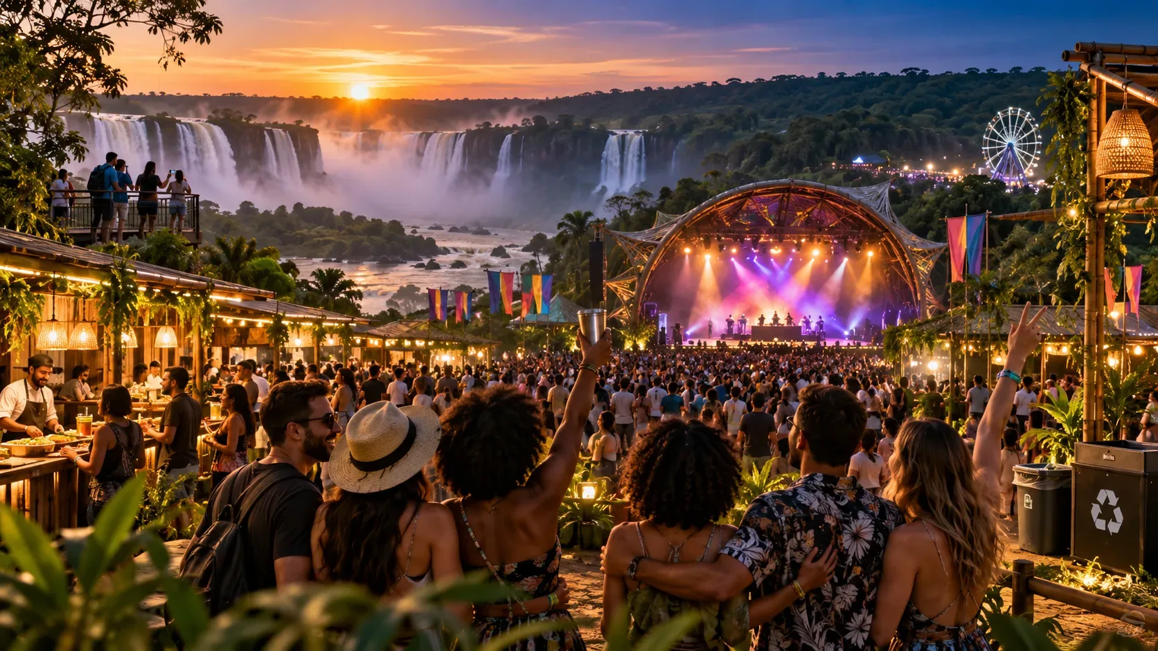 Festival ao ar livre com público diante de palco iluminado, barracas gastronômicas e Cataratas ao fundo ao pôr do sol.