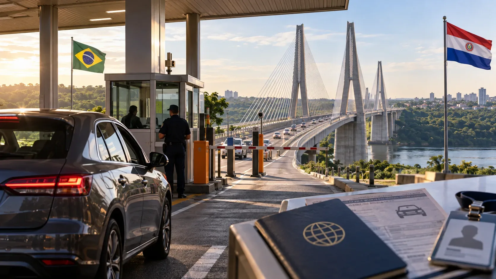 Carro diante de um posto de controle fronteiriço com a Ponte da Integração ao fundo e documentos de viagem em primeiro plano