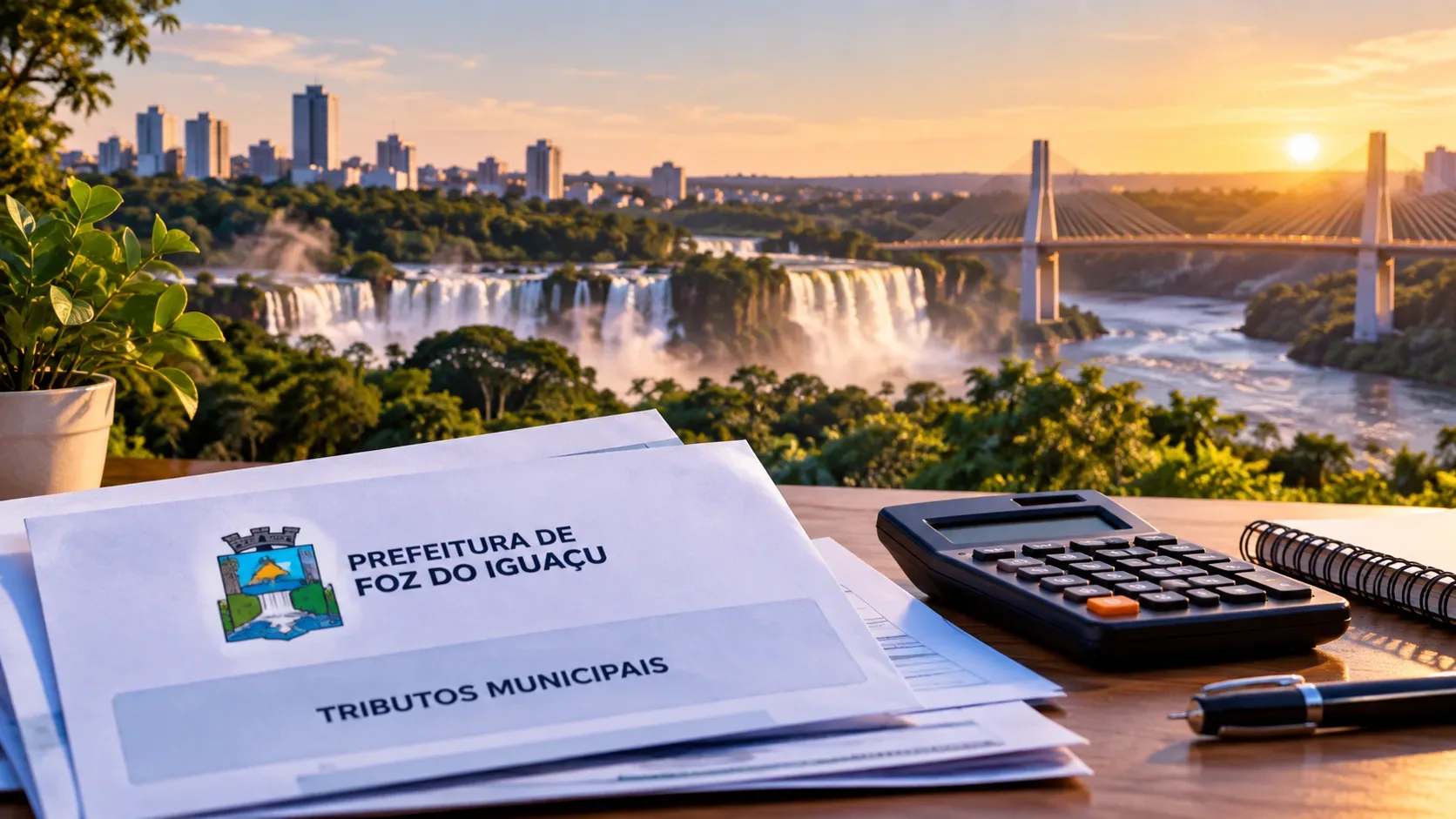 Mesa com documentos de tributos municipais, calculadora e vista de Foz do Iguaçu com quedas d'água e ponte ao fundo.