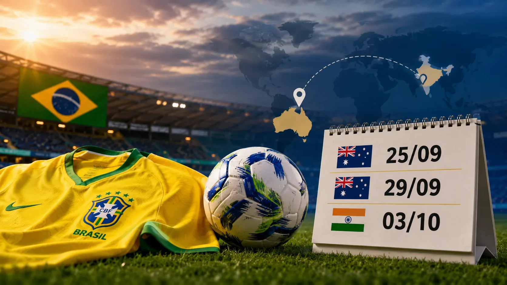 Camisa amarela do Brasil, bola de futebol, mapa com rotas internacionais e calendário com bandeiras da Austrália e da Índia em um estádio.
