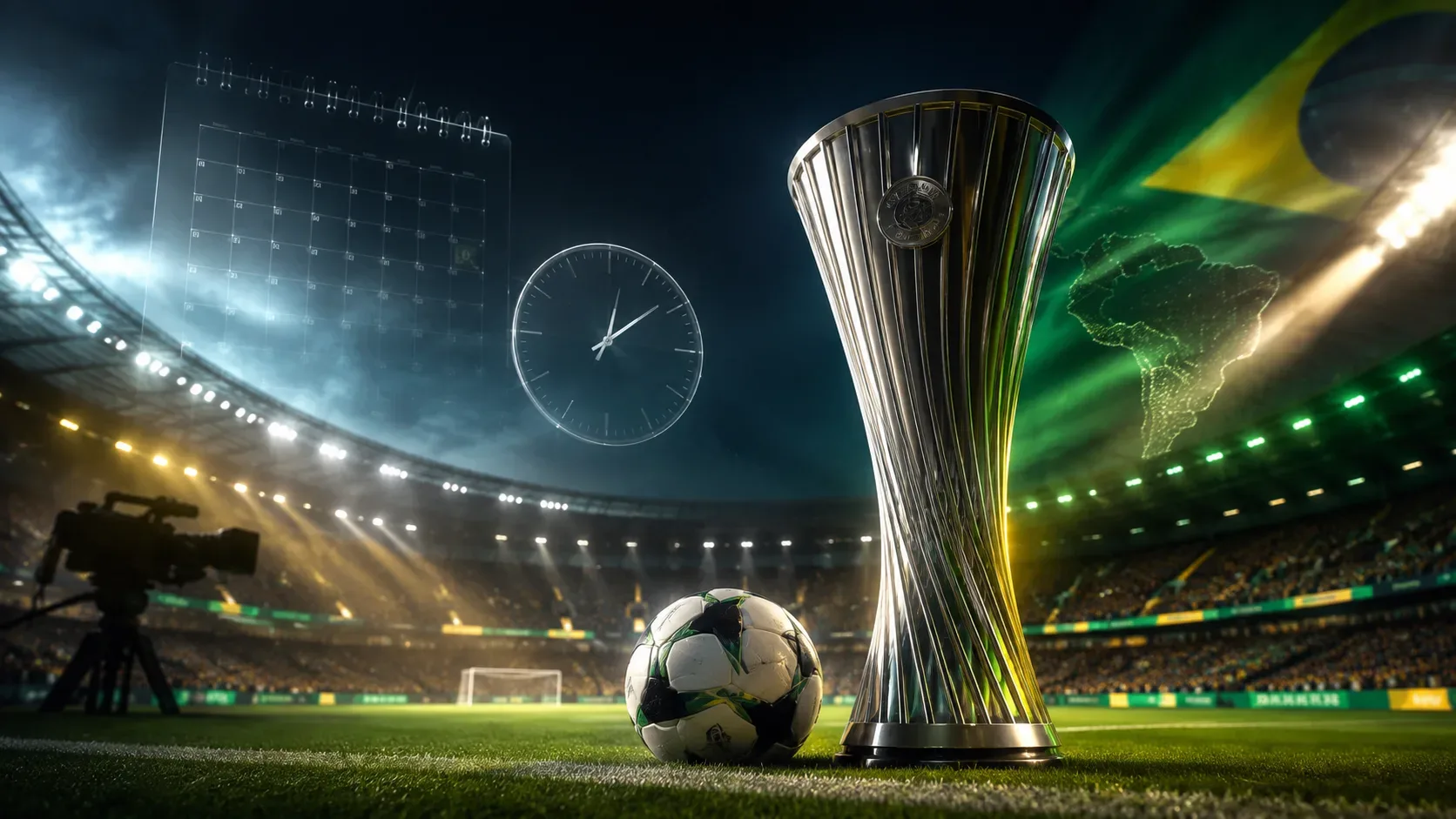 Estádio noturno com bola e troféu prateado, calendário e relógio translúcidos, mapa do Brasil em luz verde e amarela e câmera de transmissão.