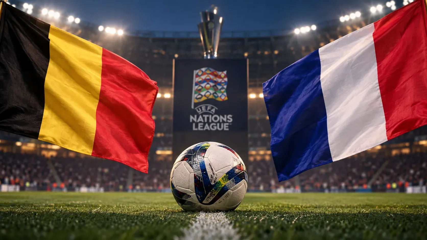 Bandeiras da Bélgica e da França ladeiam uma bola no gramado de estádio iluminado, com o troféu da Nations League ao fundo.