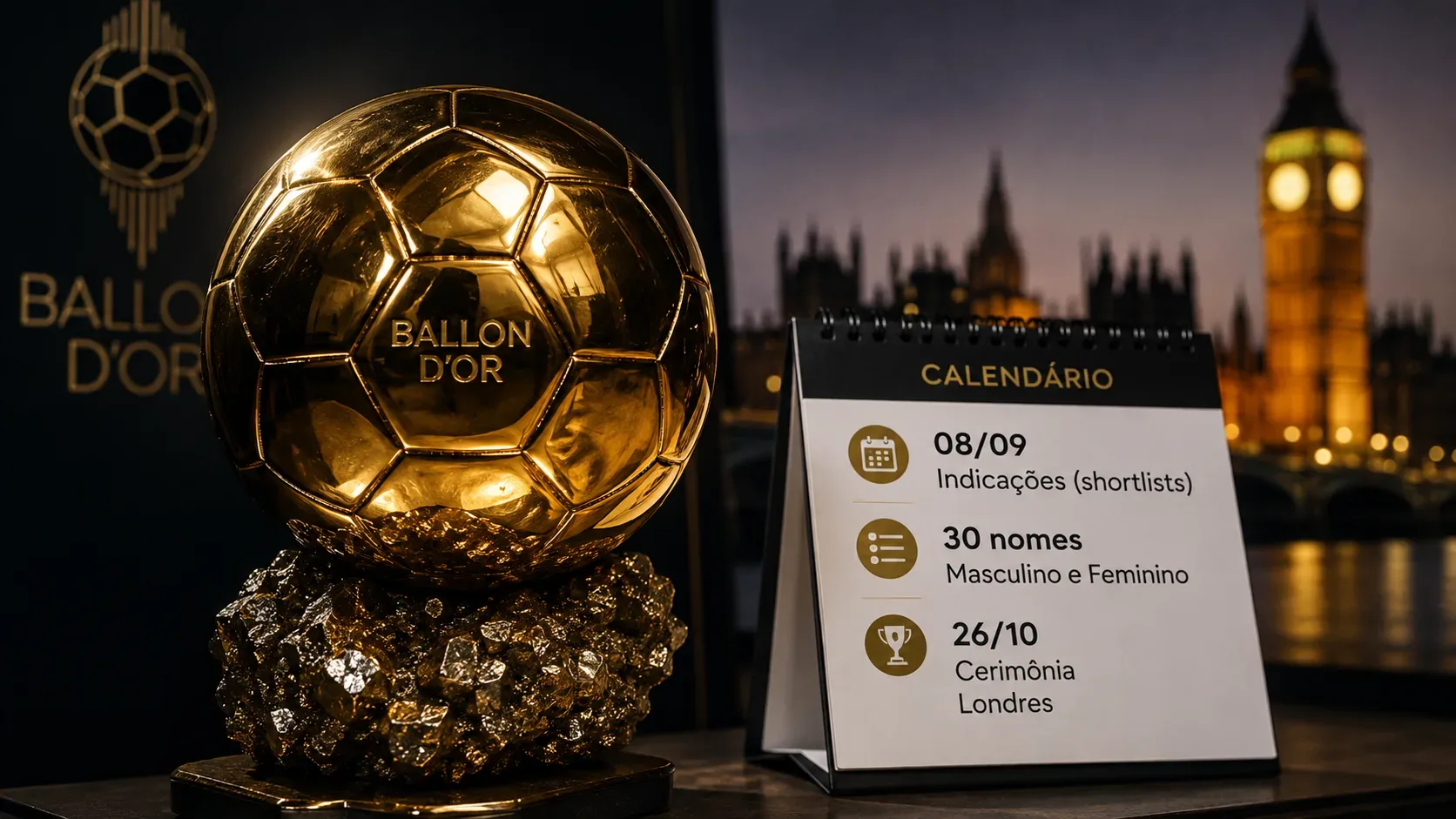 Troféu dourado do Ballon d'Or ao lado de um calendário com as datas de 8 de setembro e 26 de outubro, com Londres iluminada ao fundo.