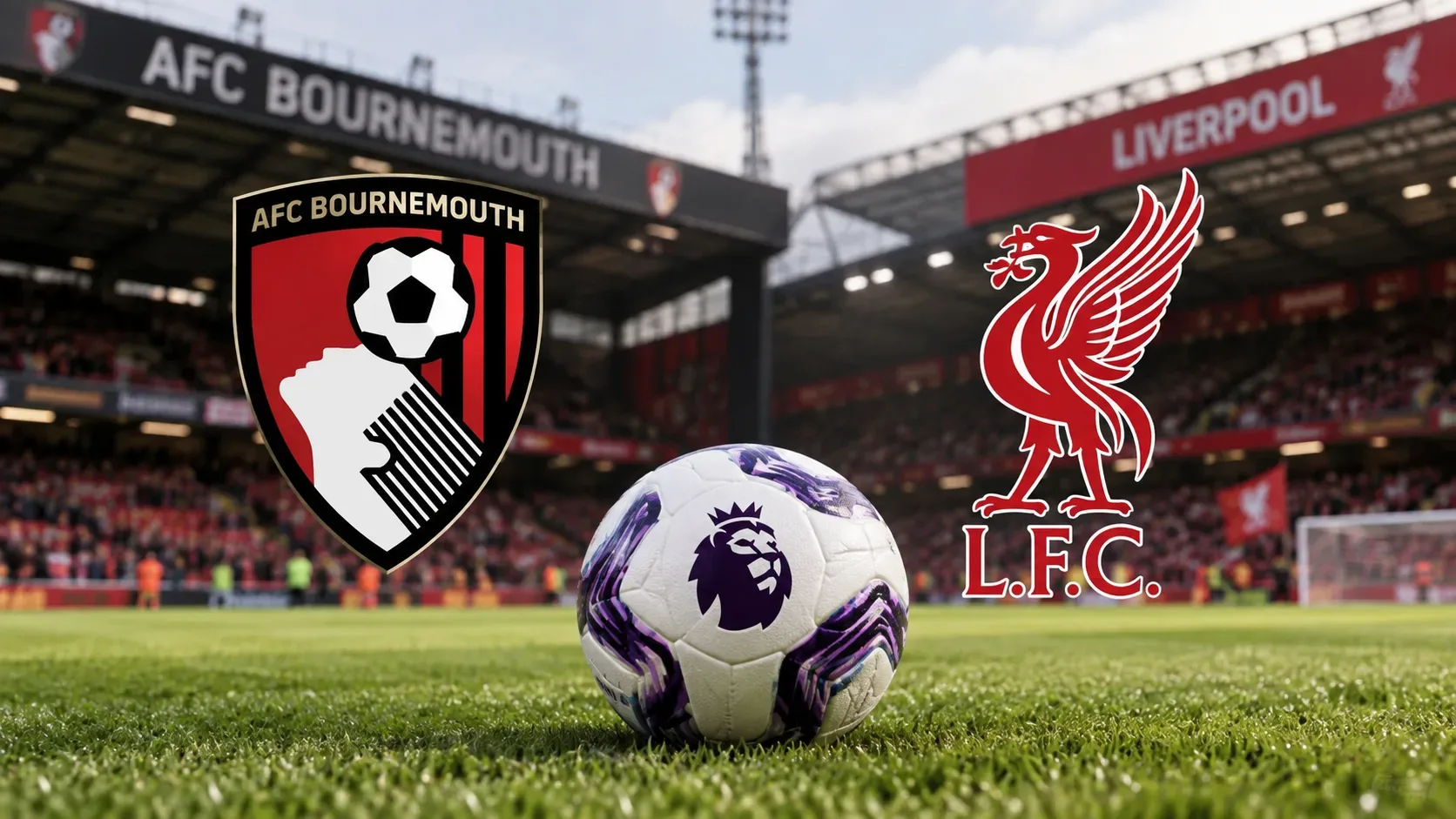 Bola da Premier League no gramado entre os escudos de Bournemouth e Liverpool, com arquibancadas do estádio ao fundo.