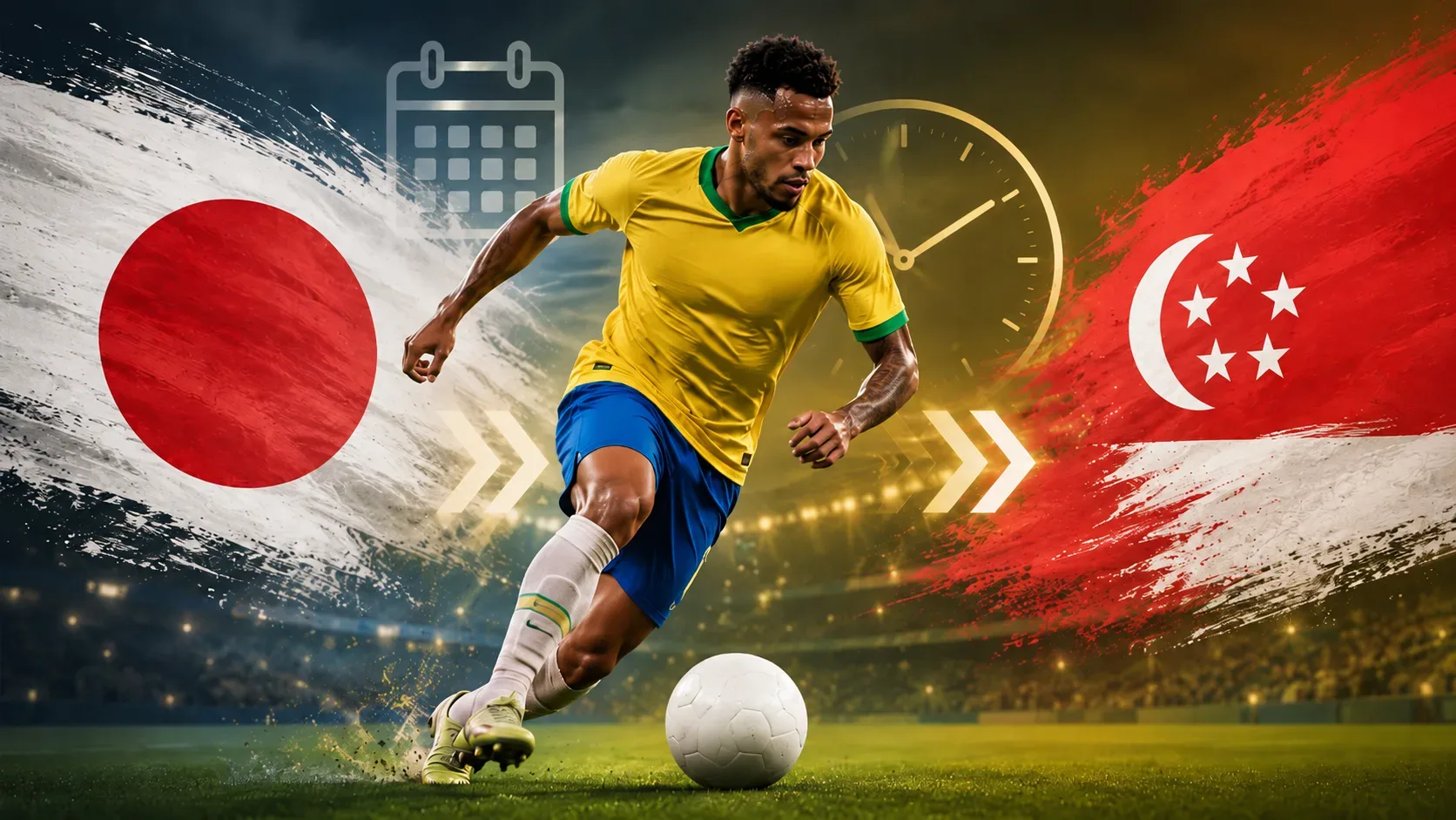 Jogador de futebol com uniforme amarelo dribla em estádio, entre referências visuais às bandeiras do Japão e de Singapura, com calendário e relógio ao fundo.