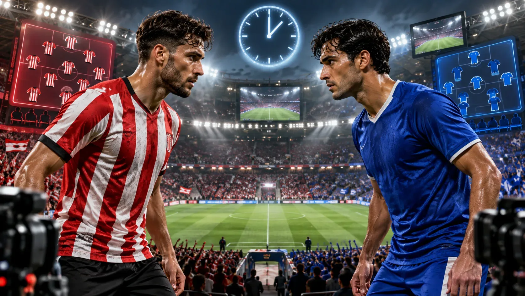 Dois jogadores genéricos, um de vermelho e branco e outro de azul, frente a frente em estádio iluminado, com relógio e painéis táticos ao fundo.