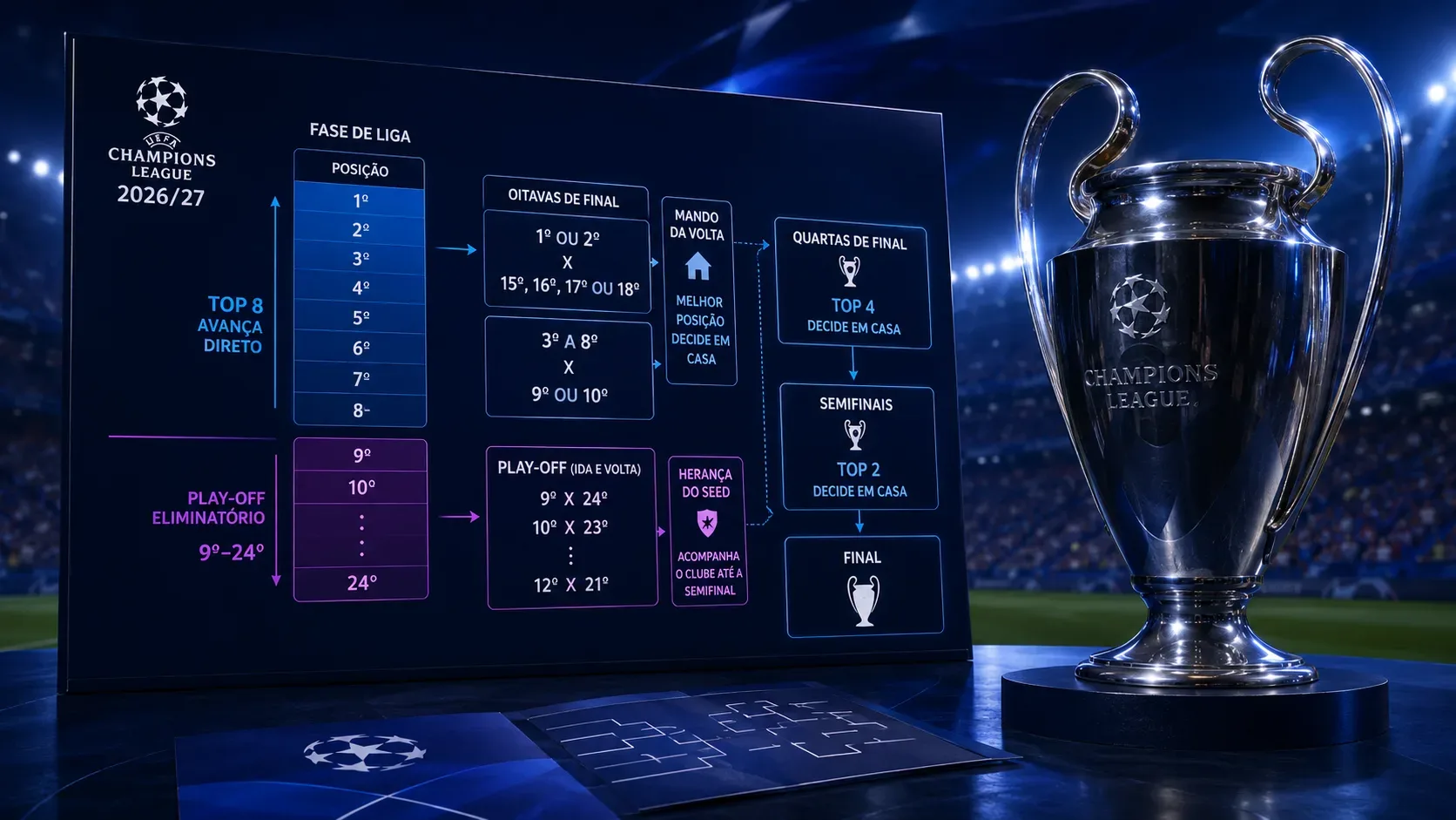Painel tático azul mostra posições da fase de liga e caminhos do mata-mata ao lado do troféu da Champions em um estádio iluminado.