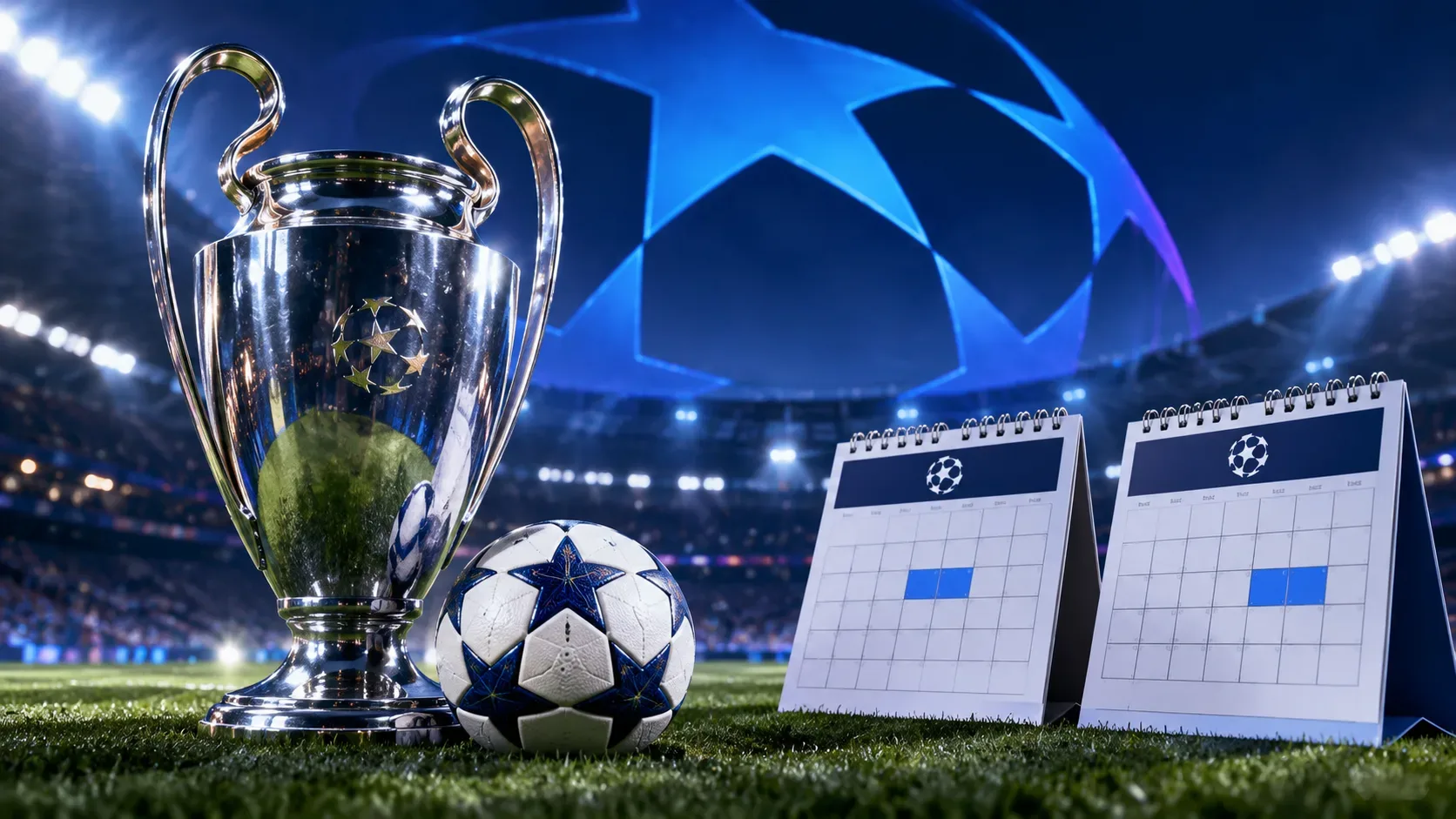 Troféu de futebol e bola no gramado de um estádio noturno, ao lado de dois calendários que simbolizam jornadas consecutivas.