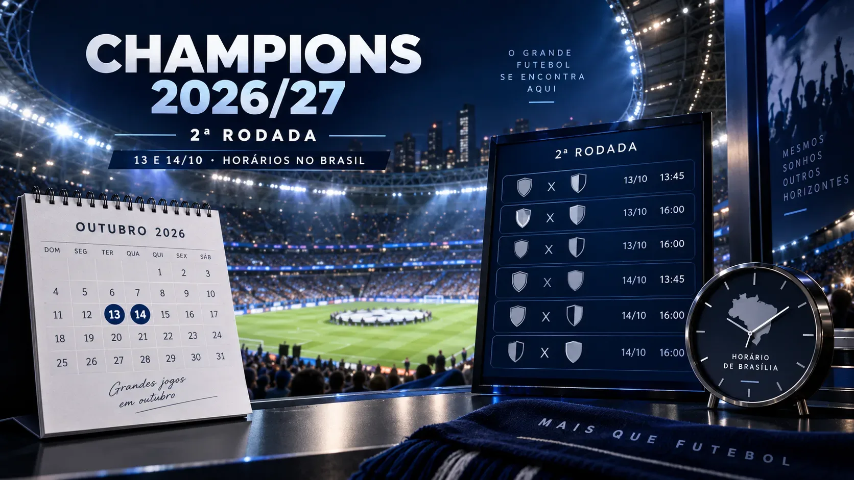 Estádio de futebol iluminado à noite com calendário de outubro marcando os dias 13 e 14, painel de partidas e relógio com mapa do Brasil indicando o horário de Brasília.