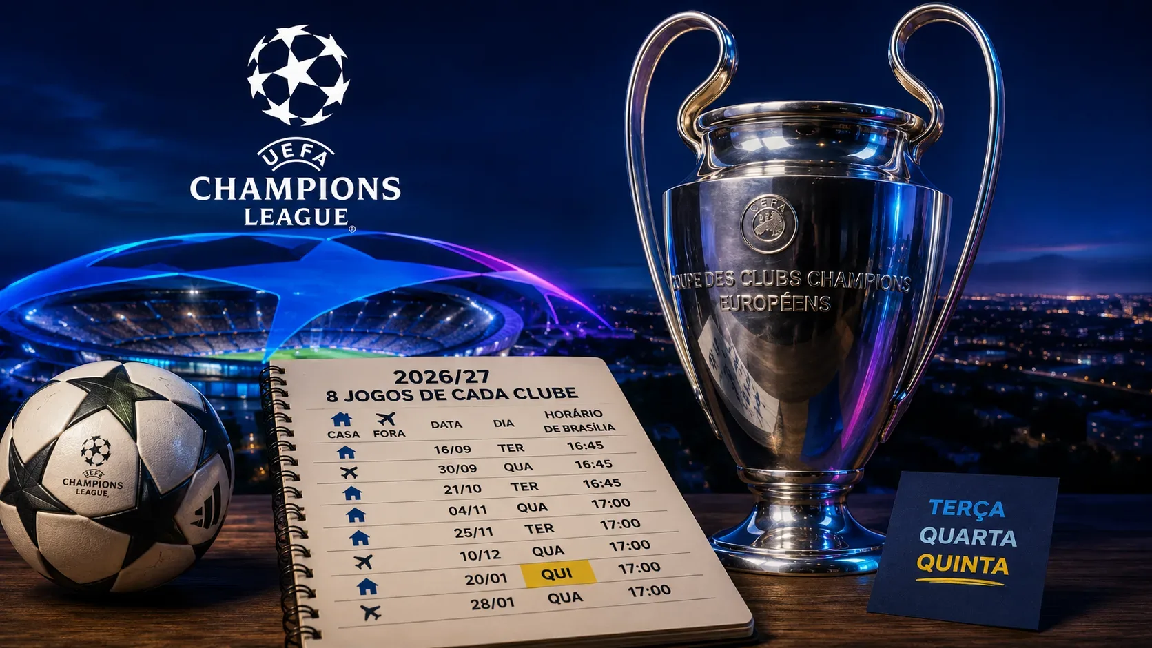 Troféu da Champions ao lado de uma bola e de um caderno de calendário diante de um estádio iluminado, com referências visuais a jogos em terça, quarta e quinta.