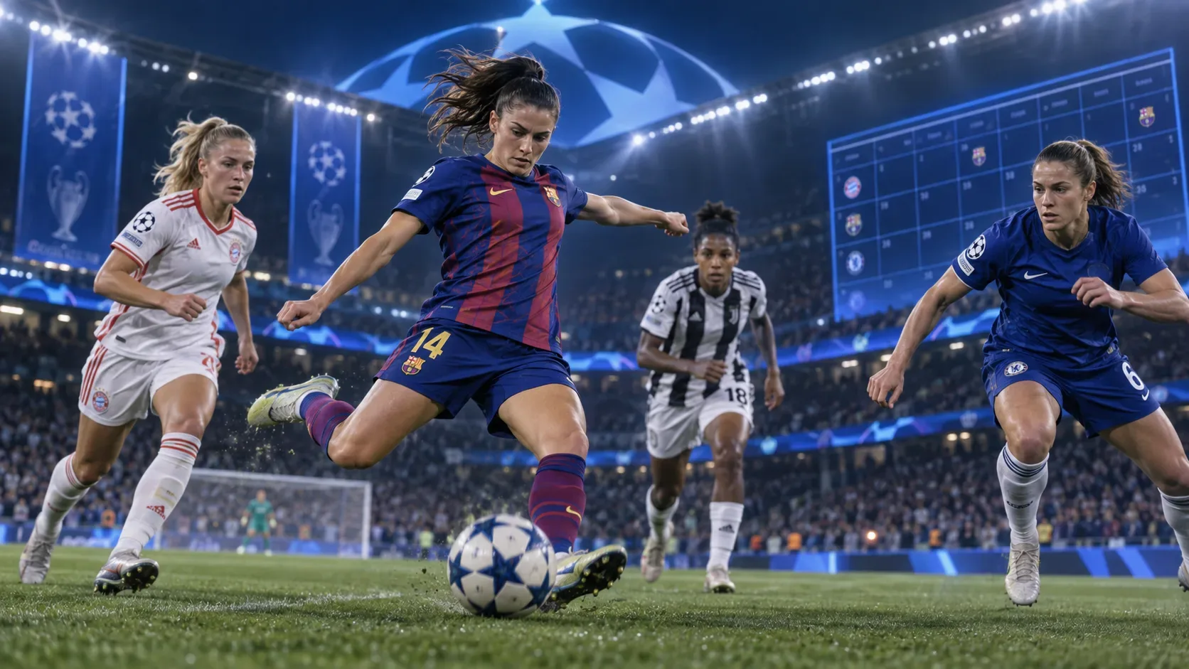 Jogadoras de futebol feminino disputam a bola em estádio iluminado, com uma atleta central finalizando e um painel de calendário ao fundo.