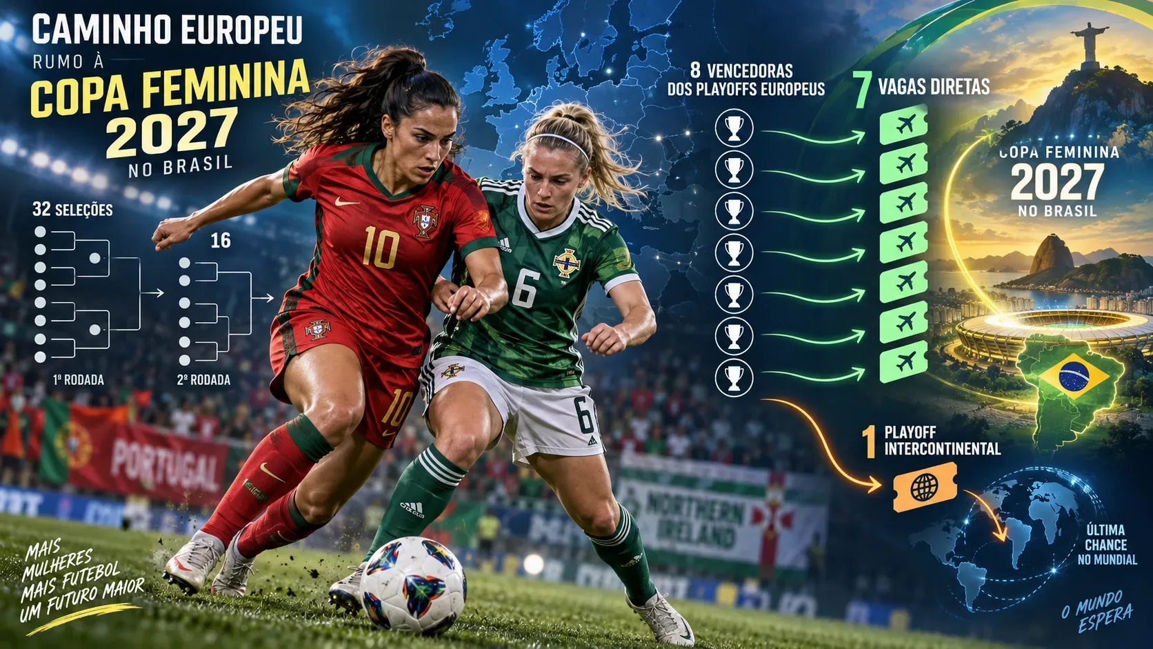 Arte esportiva com jogadoras em uniformes inspirados em Portugal e Irlanda do Norte, chave europeia e rotas visuais para sete vagas diretas e um playoff intercontinental rumo ao Brasil 2027.