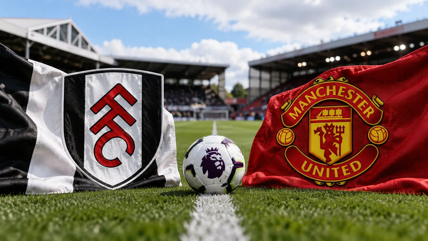 Bandeiras do Fulham e do Manchester United ao lado de uma bola da Premier League no gramado de um estádio.