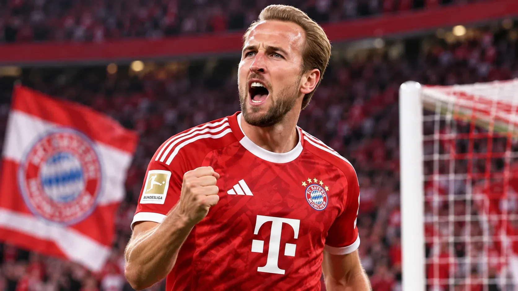Harry Kane celebrando com a camisa vermelha do Bayern de Munique, punho fechado, diante do gol e de uma arquibancada em vermelho e branco.