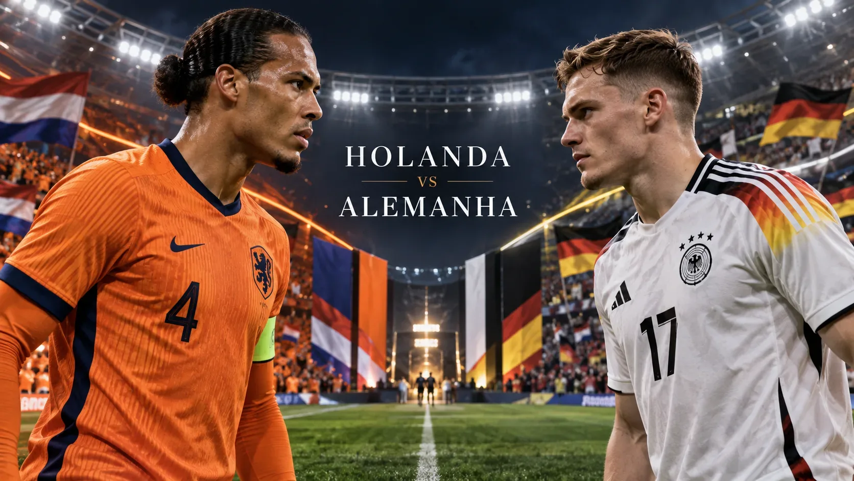 Dois jogadores com uniformes laranja e branco frente a frente em estádio iluminado, com bandeiras da Holanda e da Alemanha e o texto Holanda vs Alemanha ao centro.