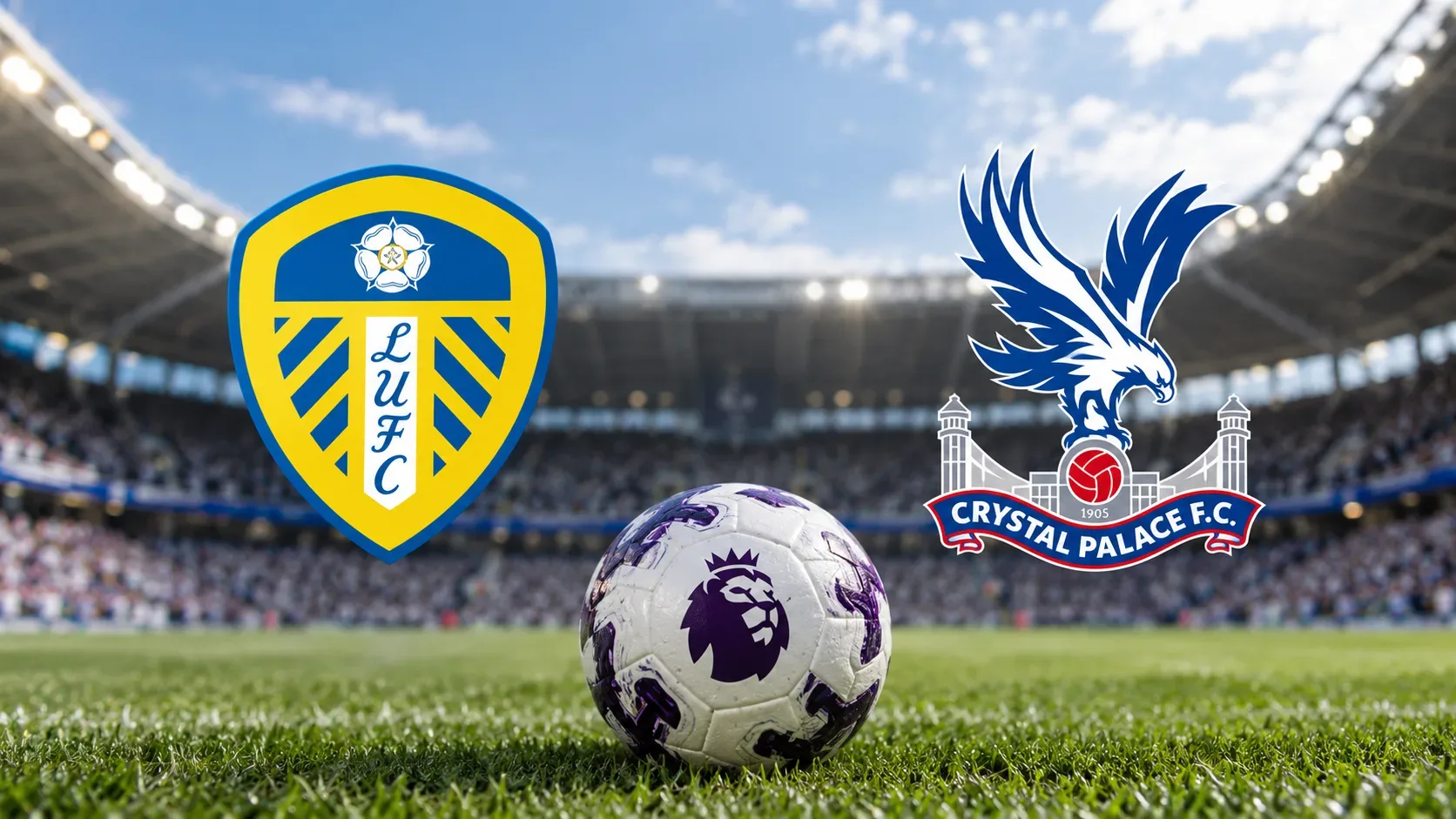 Bola da Premier League no gramado de um estádio, com os escudos de Leeds United e Crystal Palace em destaque ao fundo.