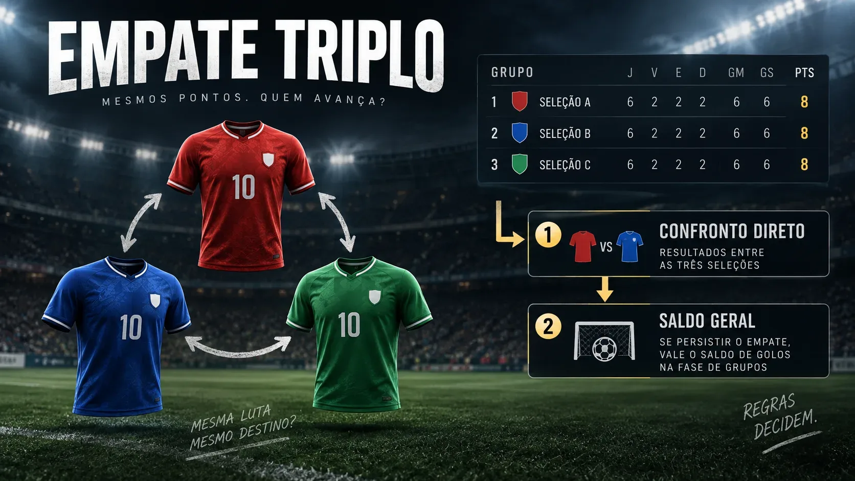 Três camisas de seleções em um estádio, ligadas por setas, ao lado de um quadro de classificação e de um fluxo visual sobre confronto direto e saldo geral.