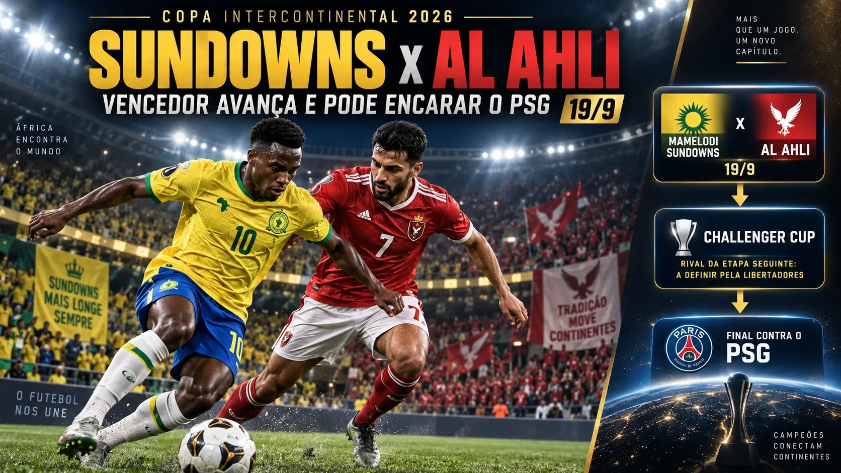 Capa esportiva com dois jogadores disputando a bola, um de amarelo e outro de vermelho, e um fluxo lateral que liga Sundowns x Al Ahli à Challenger Cup e à final contra o PSG.