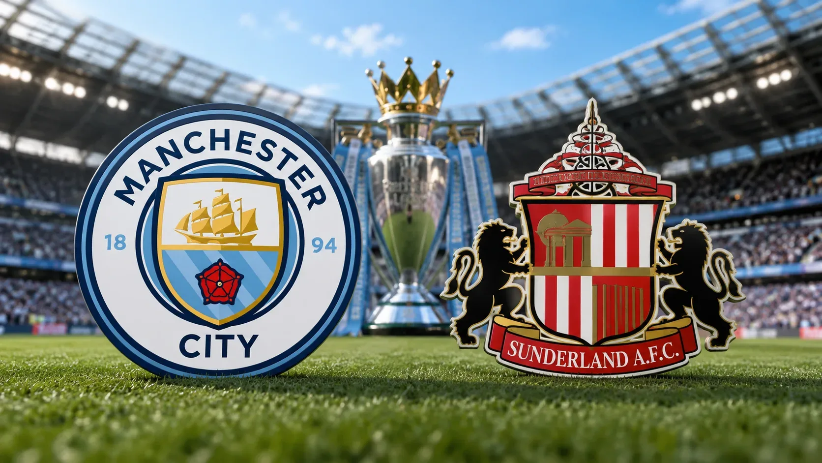Escudos de Manchester City e Sunderland em primeiro plano com o troféu da Premier League ao centro em um estádio.