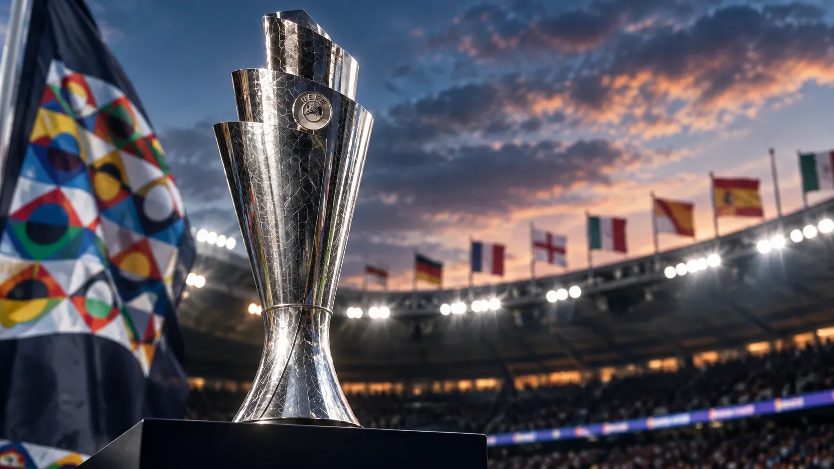 Troféu prateado em primeiro plano dentro de estádio iluminado ao entardecer, com bandeiras de seleções europeias ao fundo.