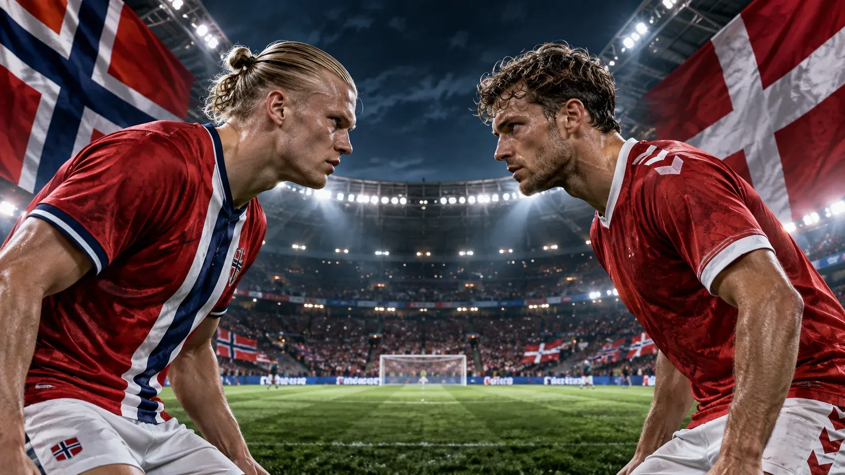 Dois jogadores de uniformes vermelhos frente a frente em estádio iluminado, com bandeiras da Noruega e da Dinamarca ao fundo.