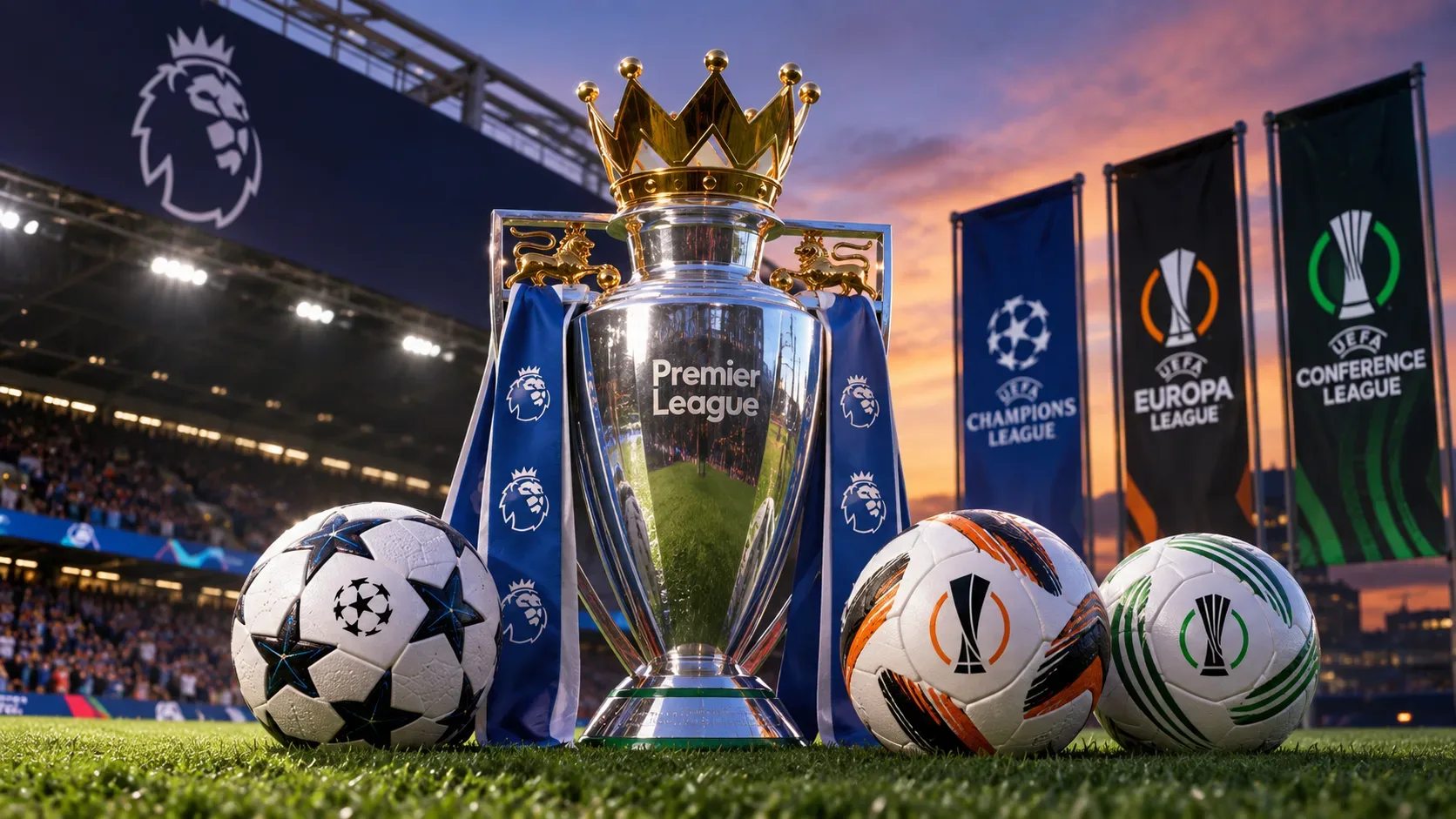 Troféu da Premier League no gramado, cercado por bolas e bandeiras alusivas à Champions League, Europa League e Conference League em um estádio ao entardecer
