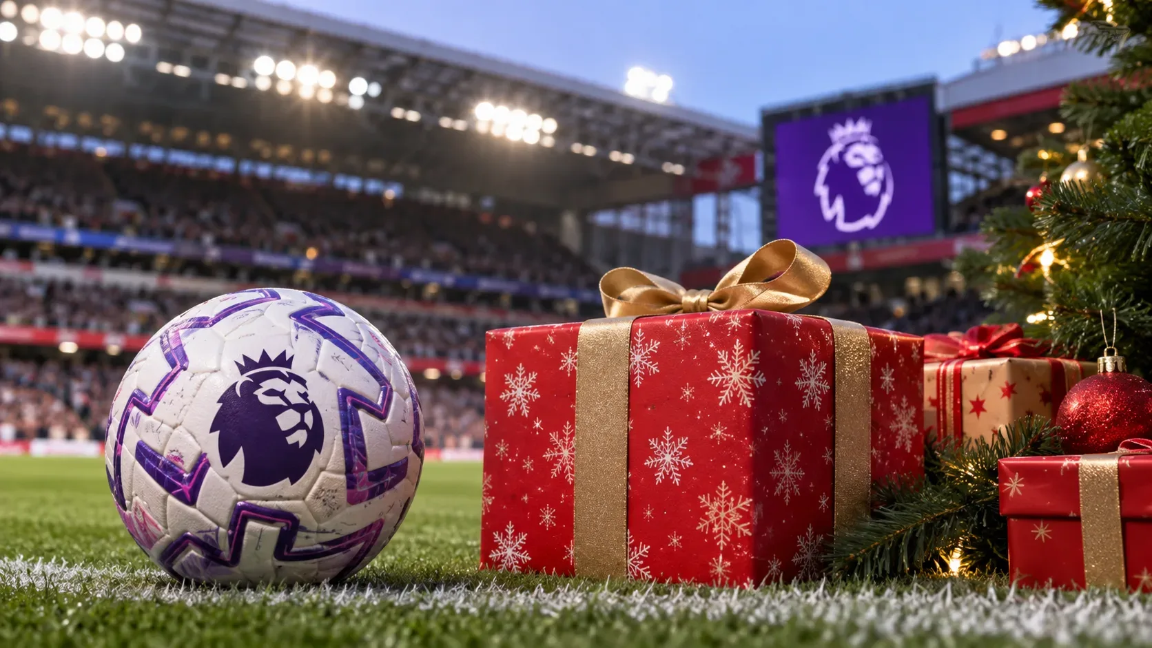 Bola com identidade visual da Premier League no gramado, ao lado de presentes de Natal e árvore decorada em um estádio.
