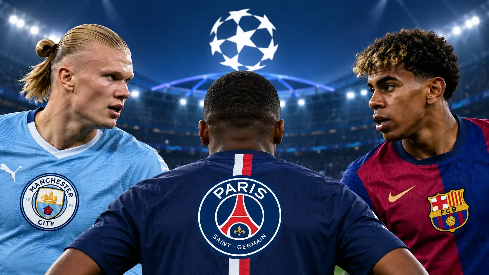 Jogadores com uniformes de Manchester City, PSG e Barcelona em um estádio iluminado, com o PSG ao centro e o símbolo da Champions ao fundo