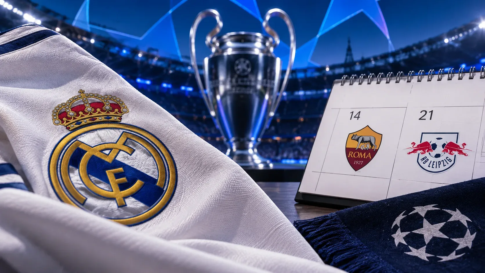 Tecido branco do Real Madrid em primeiro plano, troféu da Champions ao fundo e calendário marcando Roma no dia 14 e Leipzig no dia 21 em um estádio iluminado.