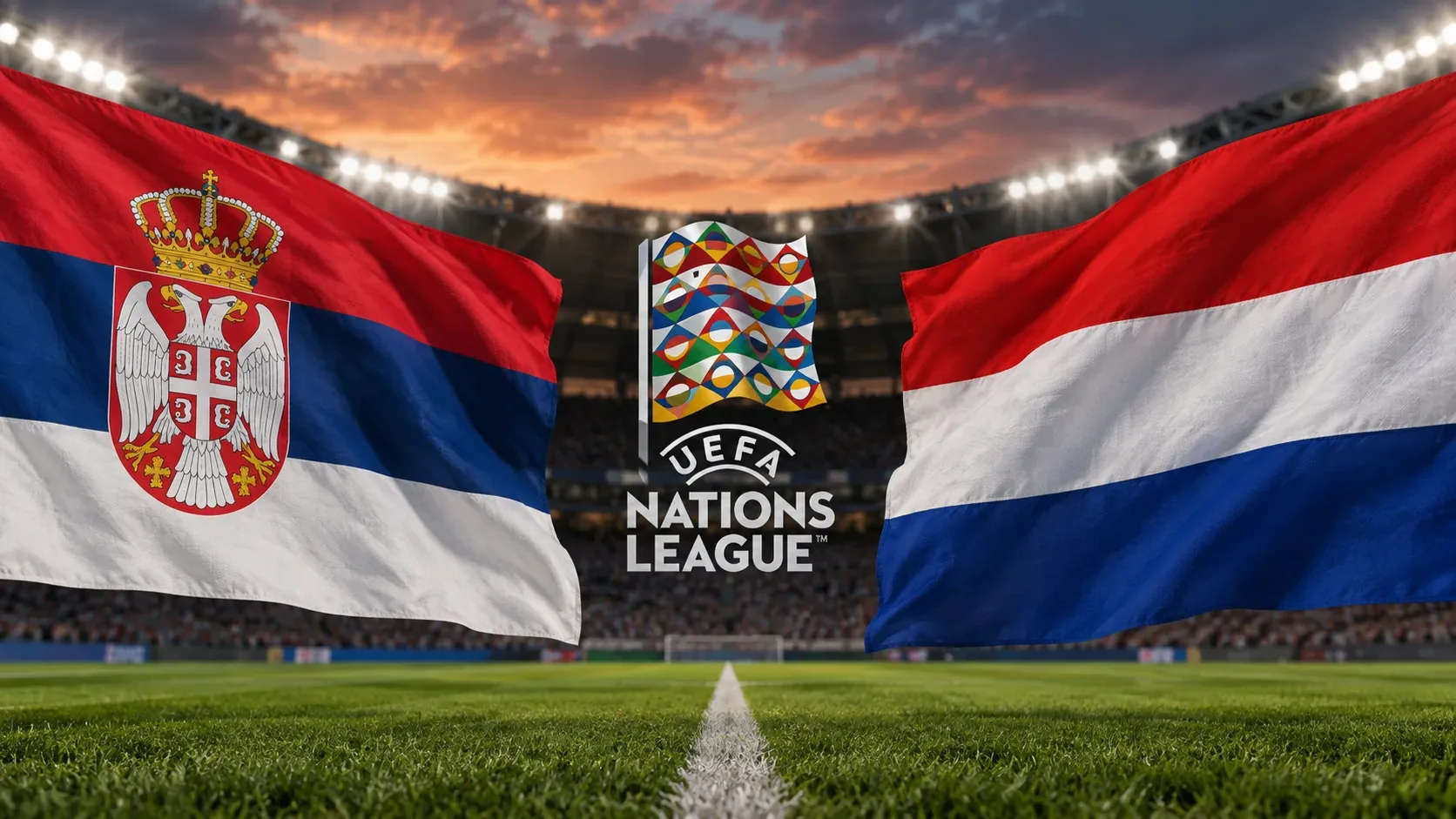 Bandeiras da Sérvia e da Holanda em um estádio de futebol iluminado, com símbolo da Nations League ao centro.