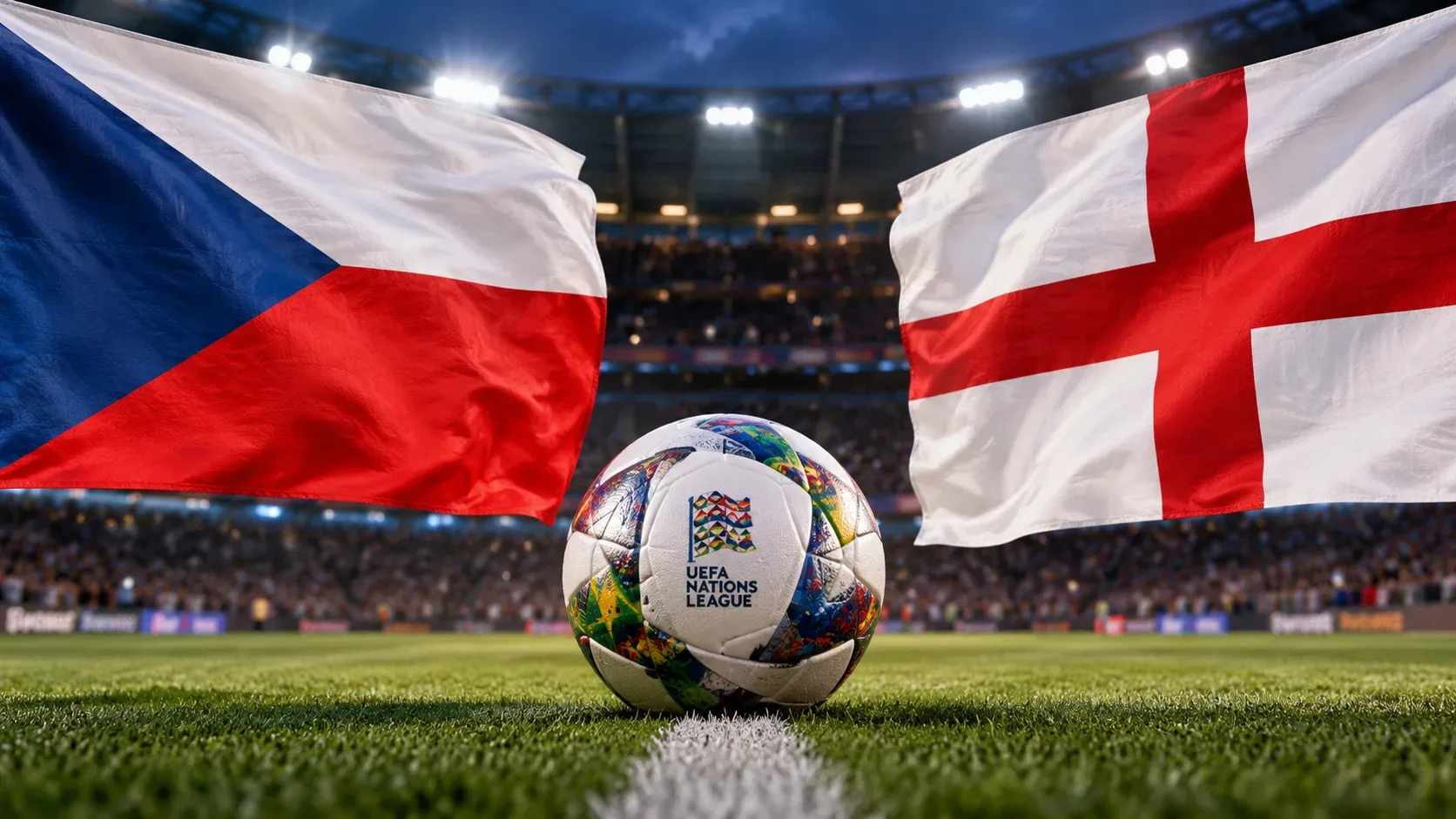 Bandeiras da Tchéquia e da Inglaterra ladeiam uma bola da Nations League em um estádio iluminado.