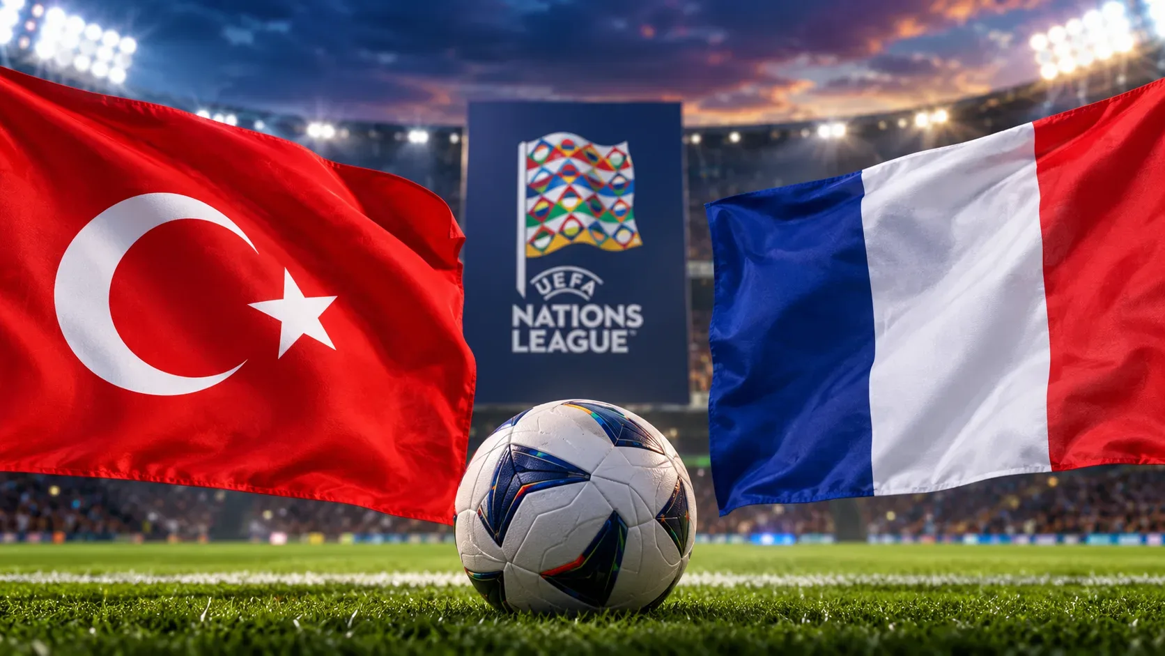 Bandeiras da Turquia e da França em um estádio de futebol, com uma bola no gramado e referência visual à Nations League ao fundo.