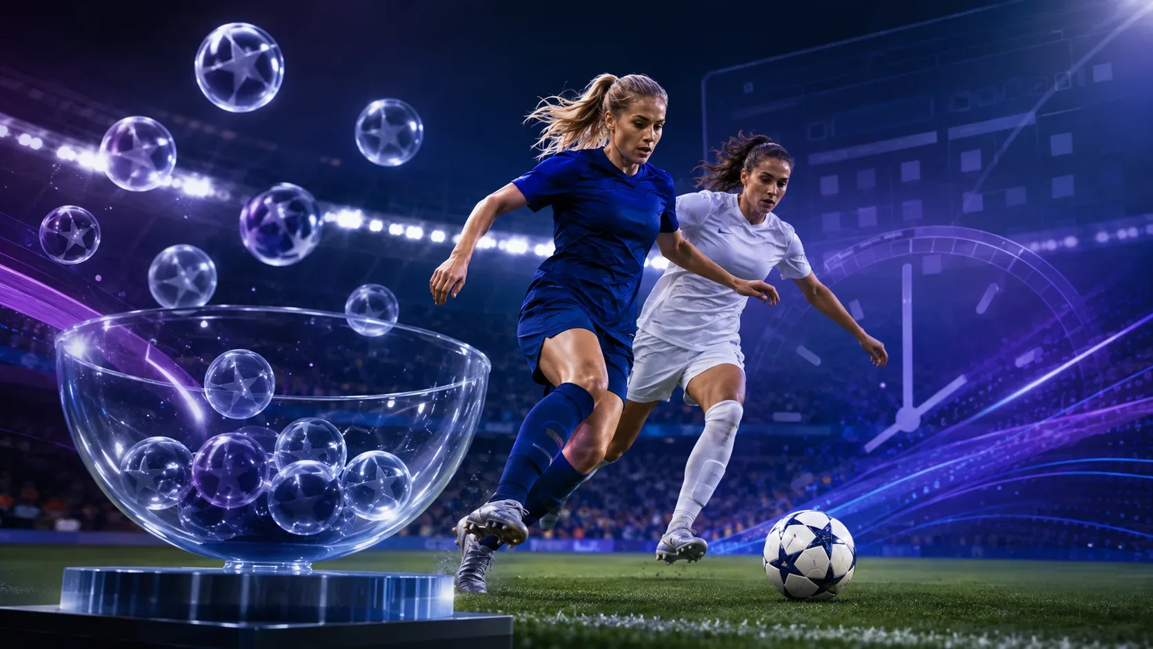 Jogadoras disputam a bola em estádio iluminado, ao lado de um globo de sorteio e elementos abstratos de calendário e relógio.