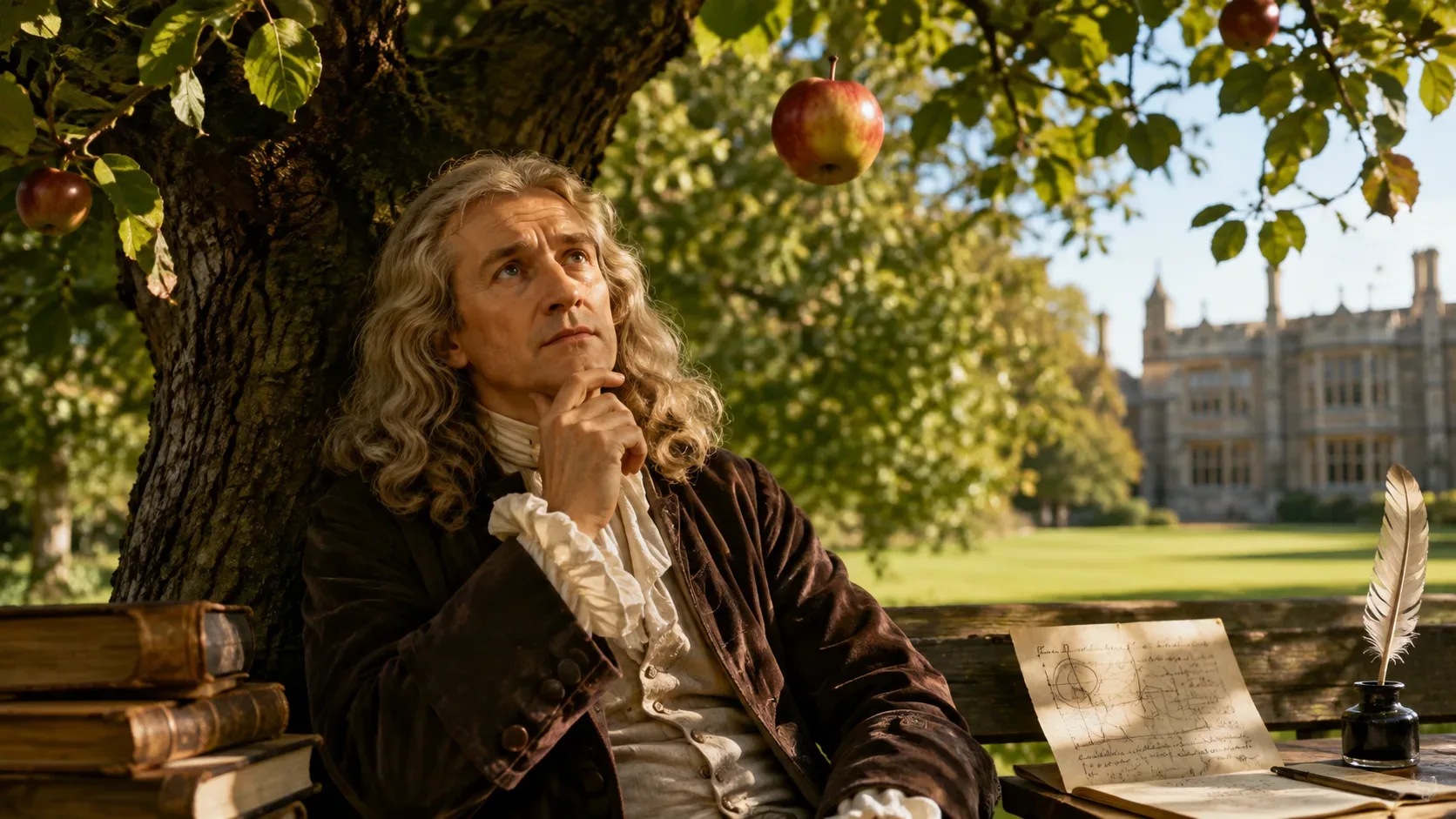 Representação artística de Isaac Newton sentado sob uma macieira, olhando para uma maçã acima dele, com livros, anotações e uma pena ao lado.