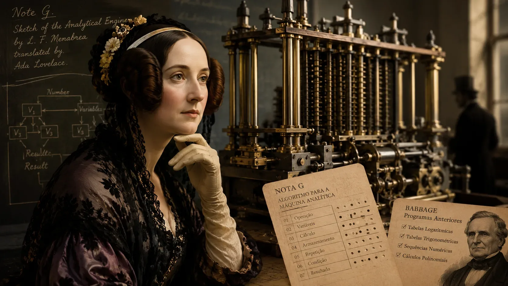 Retrato estilizado de Ada Lovelace ao lado de uma Máquina Analítica de latão, com fórmulas em um quadro e cartões históricos de cálculo no primeiro plano.