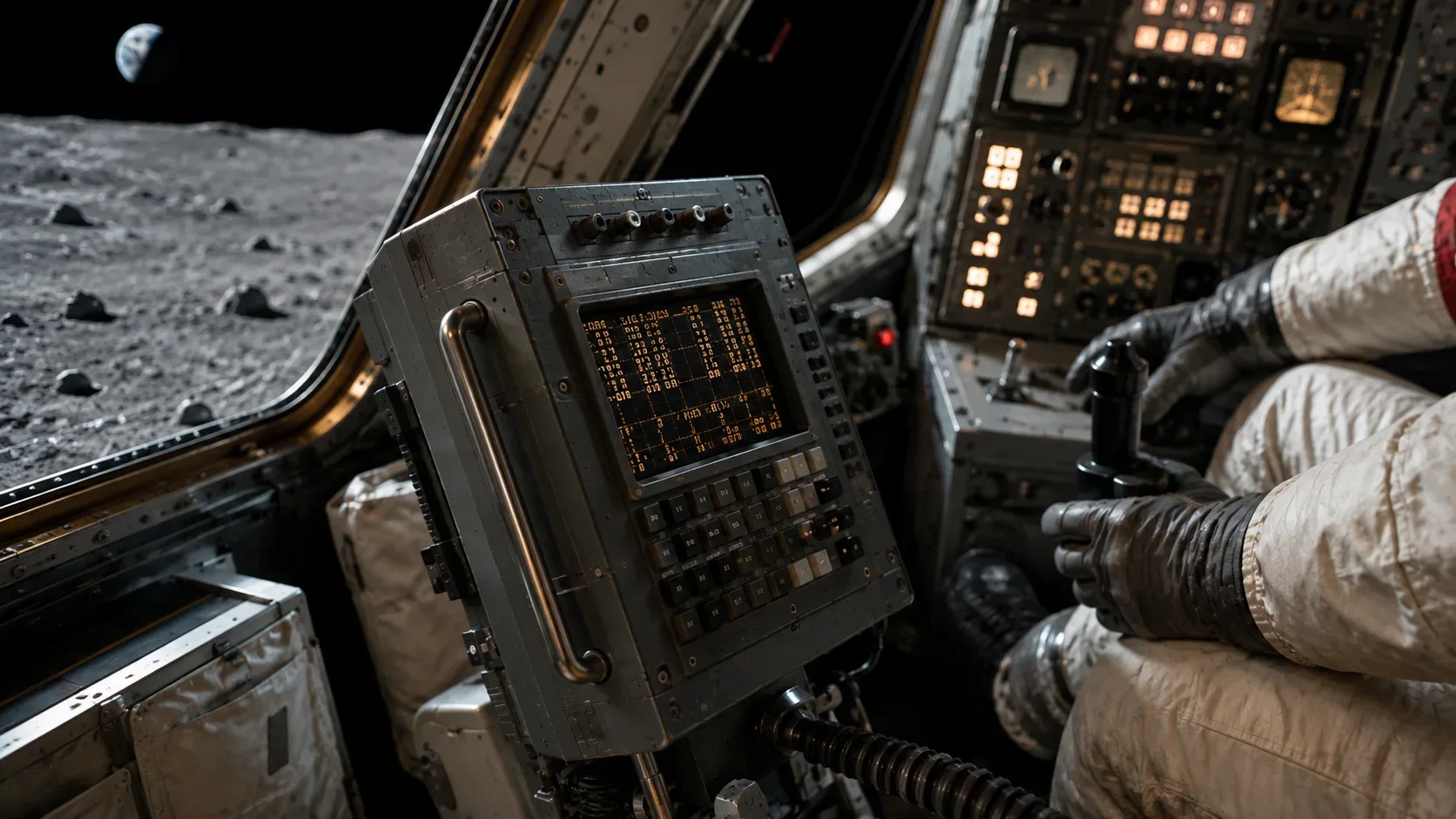 Computador de orientação do módulo lunar Apollo 11 em destaque durante a descida, com instrumentos da cabine ao fundo.