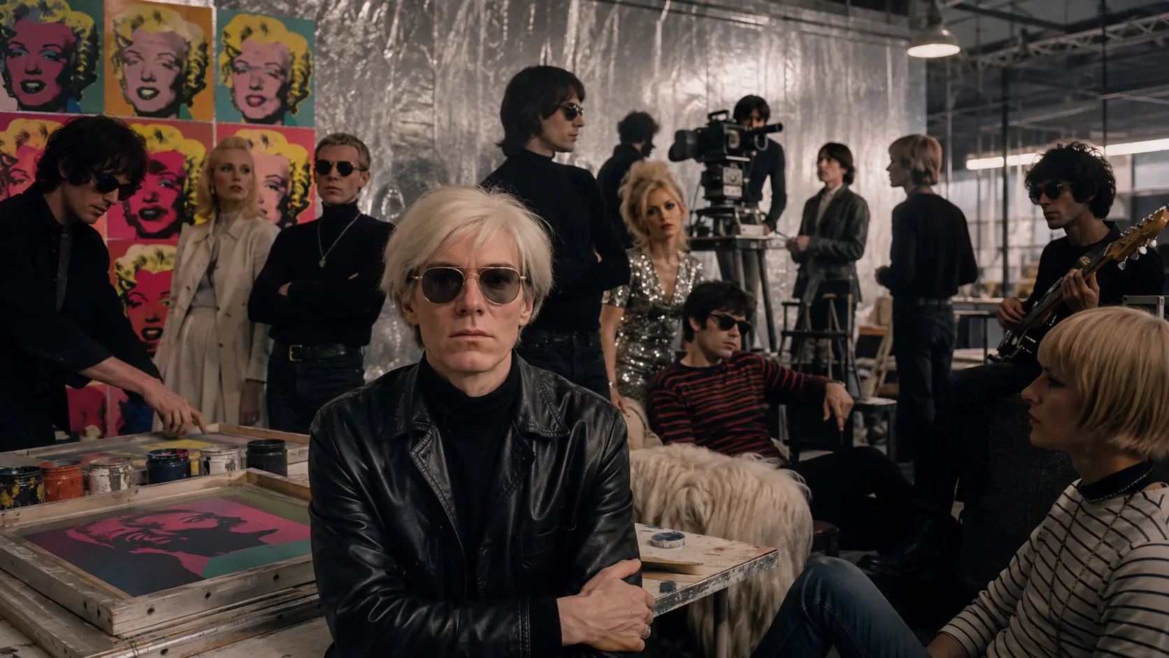 Mapa de rede da Factory com Andy Warhol ao centro e colaboradores ligados às funções de impressão, cinema, fotografia, música e publicação.