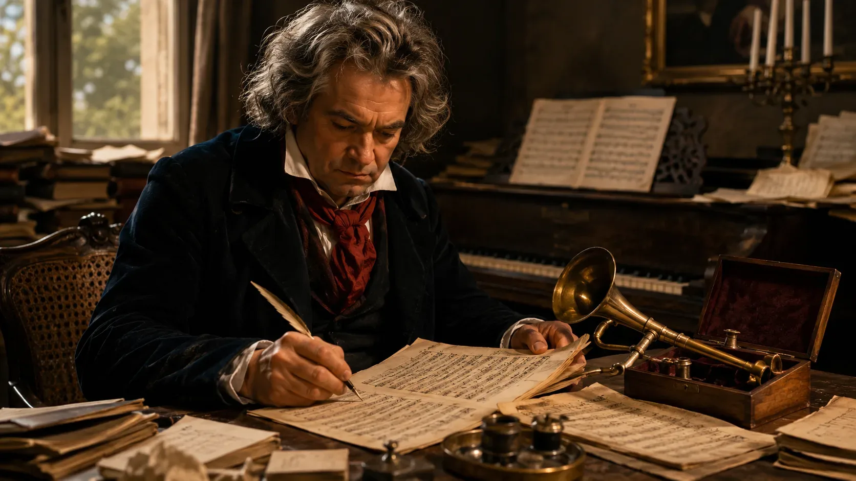 Beethoven sentado à mesa escrevendo partituras, com piano, manuscritos e uma corneta acústica sobre a mesa em um estúdio iluminado por luz quente.