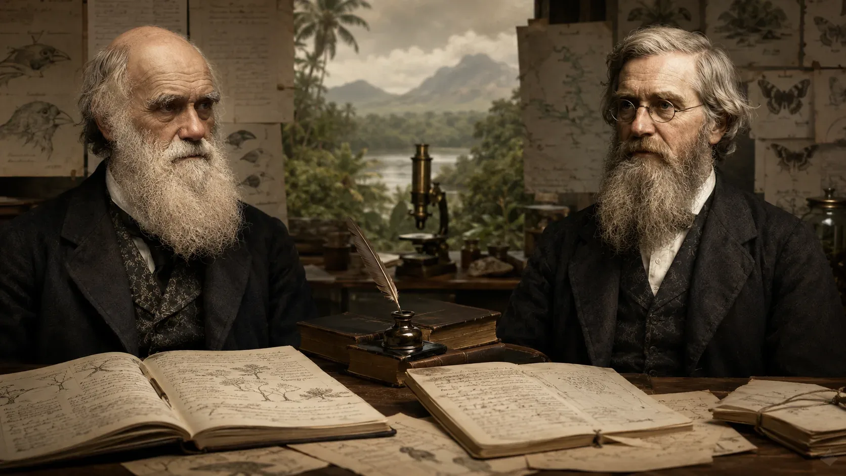 Charles Darwin e Alfred Russel Wallace representados ao lado de manuscritos científicos do século XIX sobre seleção natural