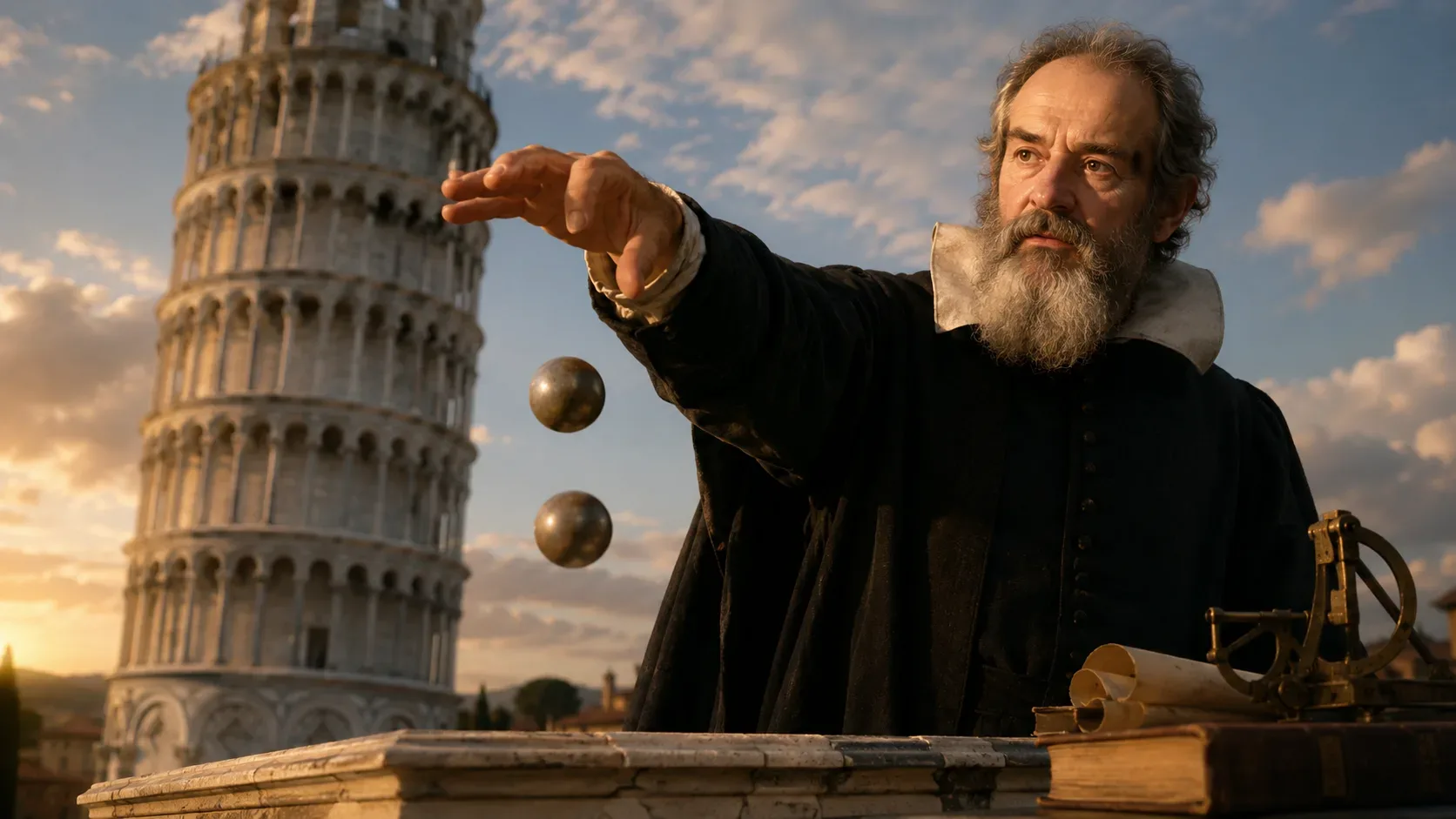 Homem representando Galileu ao lado da Torre de Pisa solta duas esferas metálicas de um parapeito de pedra ao pôr do sol.