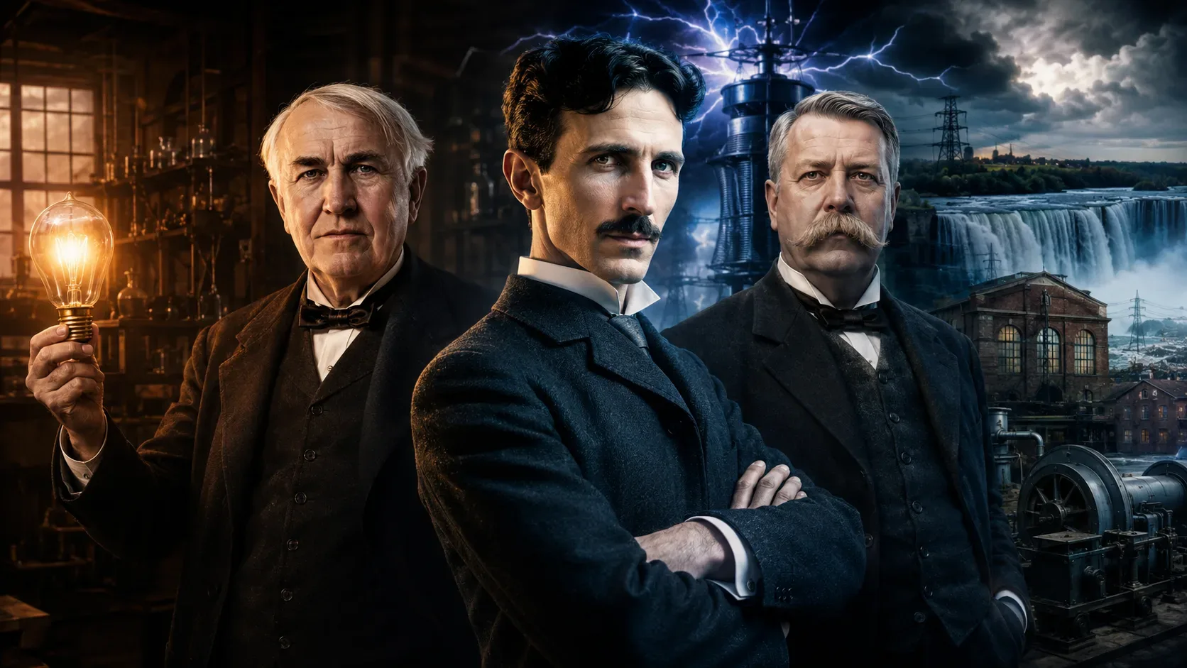 Thomas Edison, George Westinghouse e Nikola Tesla representados em composição histórica sobre a disputa entre corrente contínua e corrente alternada no fim do século XIX.