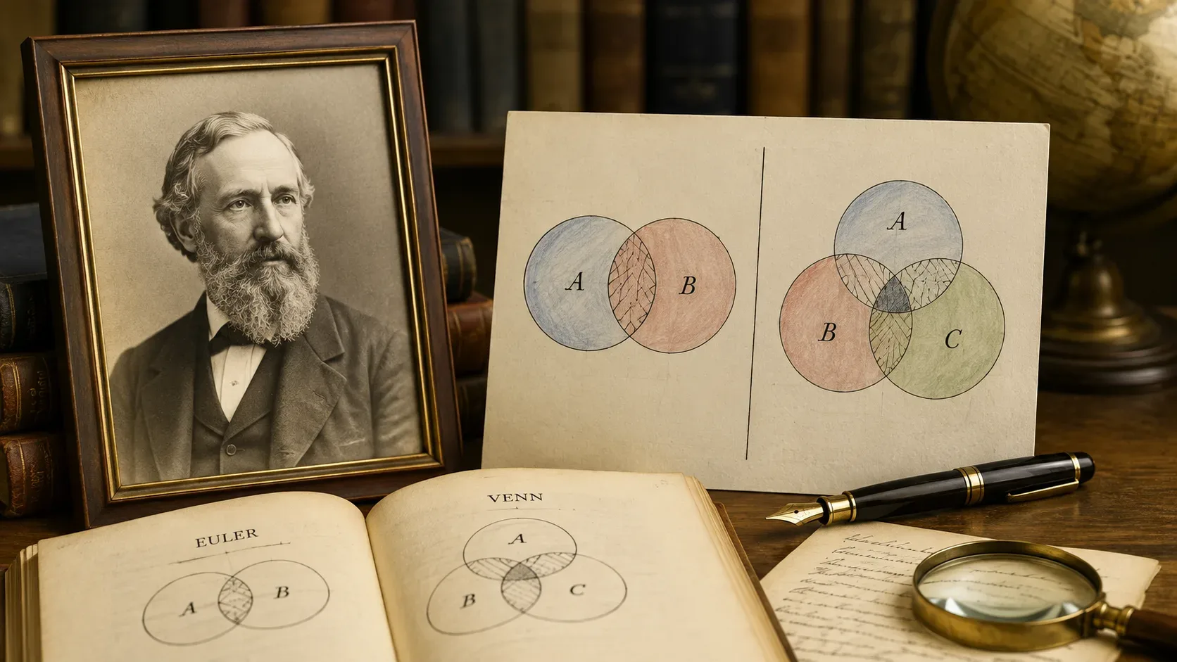 Retrato histórico de John Venn ao lado de uma comparação entre diagramas de Venn e de Euler para representar relações entre conjuntos