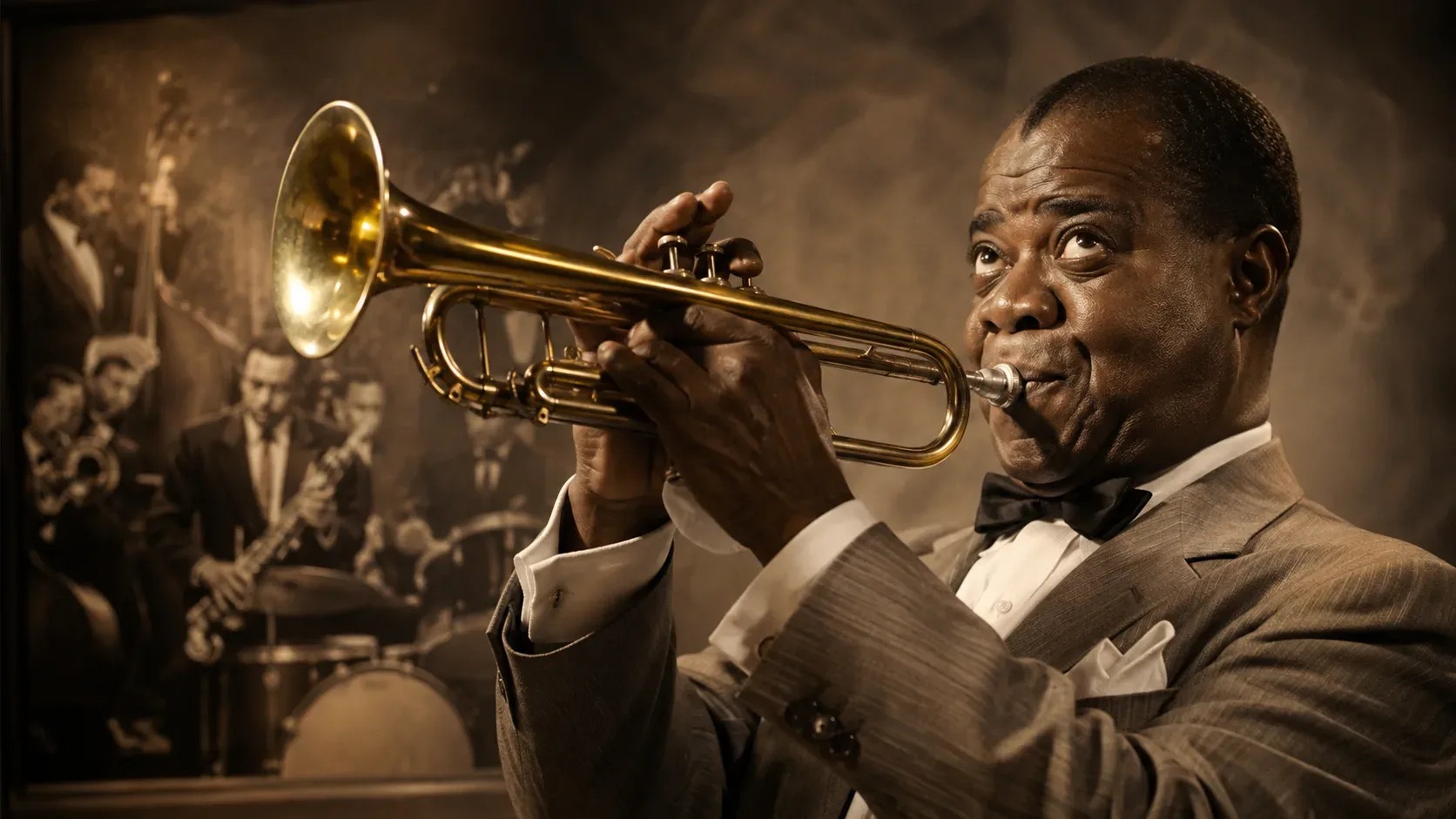 Retrato histórico de Louis Armstrong com seu trompete, acompanhado por uma linha do tempo sobre seu nascimento e sua formação musical.