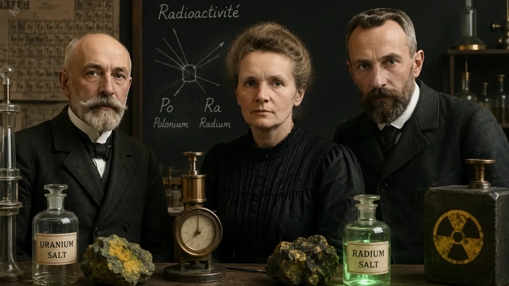 Três cientistas em um laboratório histórico, com frascos de sais de urânio e rádio, minerais, instrumentos de medição e um quadro com referências à radioatividade.