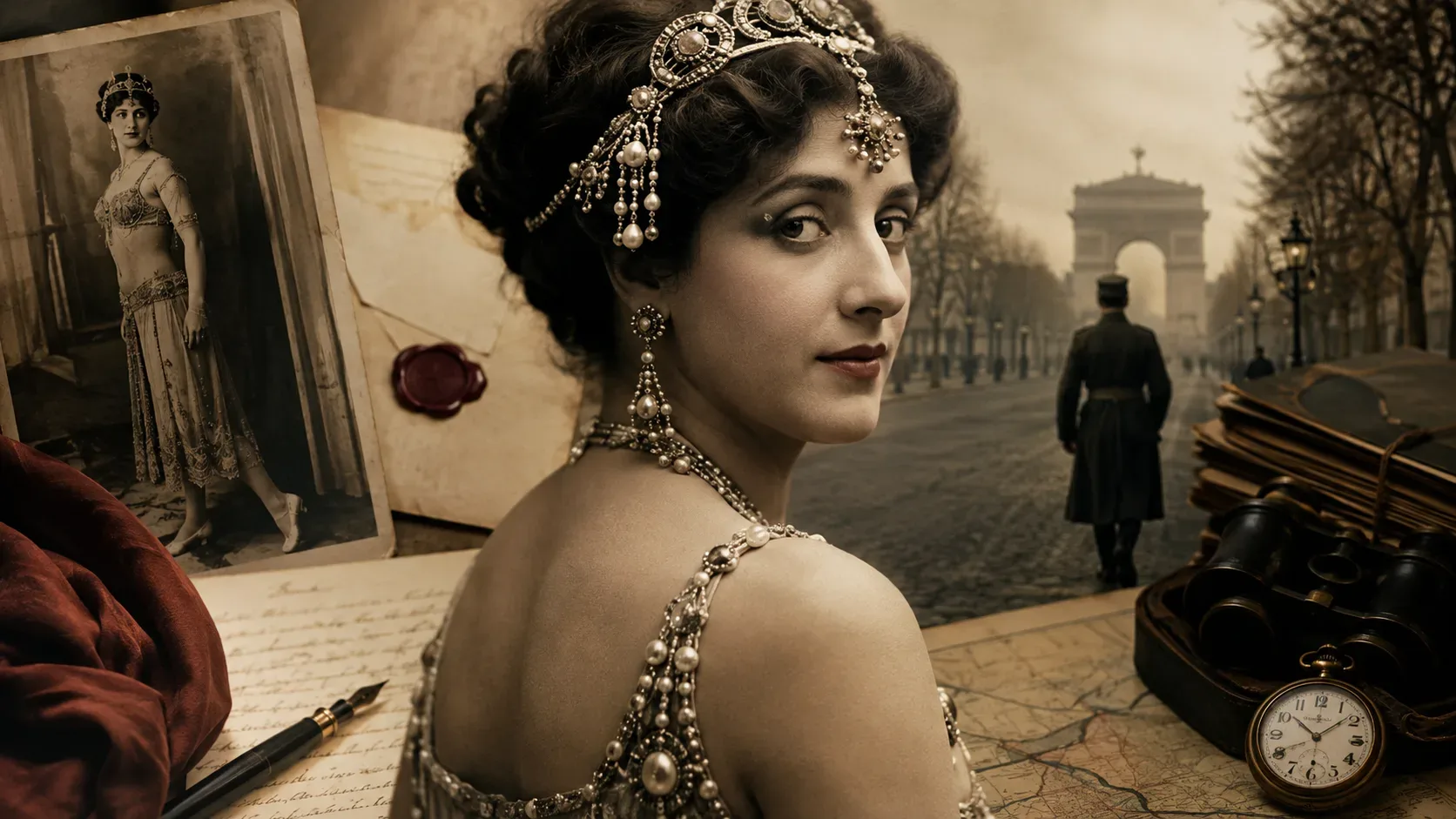 Retrato histórico de Mata Hari em composição editorial que contrapõe sua persona pública aos documentos de arquivo sobre sua vida e julgamento.
