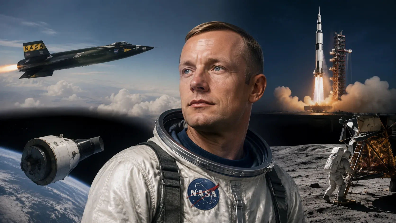 Neil Armstrong em traje de piloto diante do avião experimental X-15 em uma base de testes no deserto da Califórnia