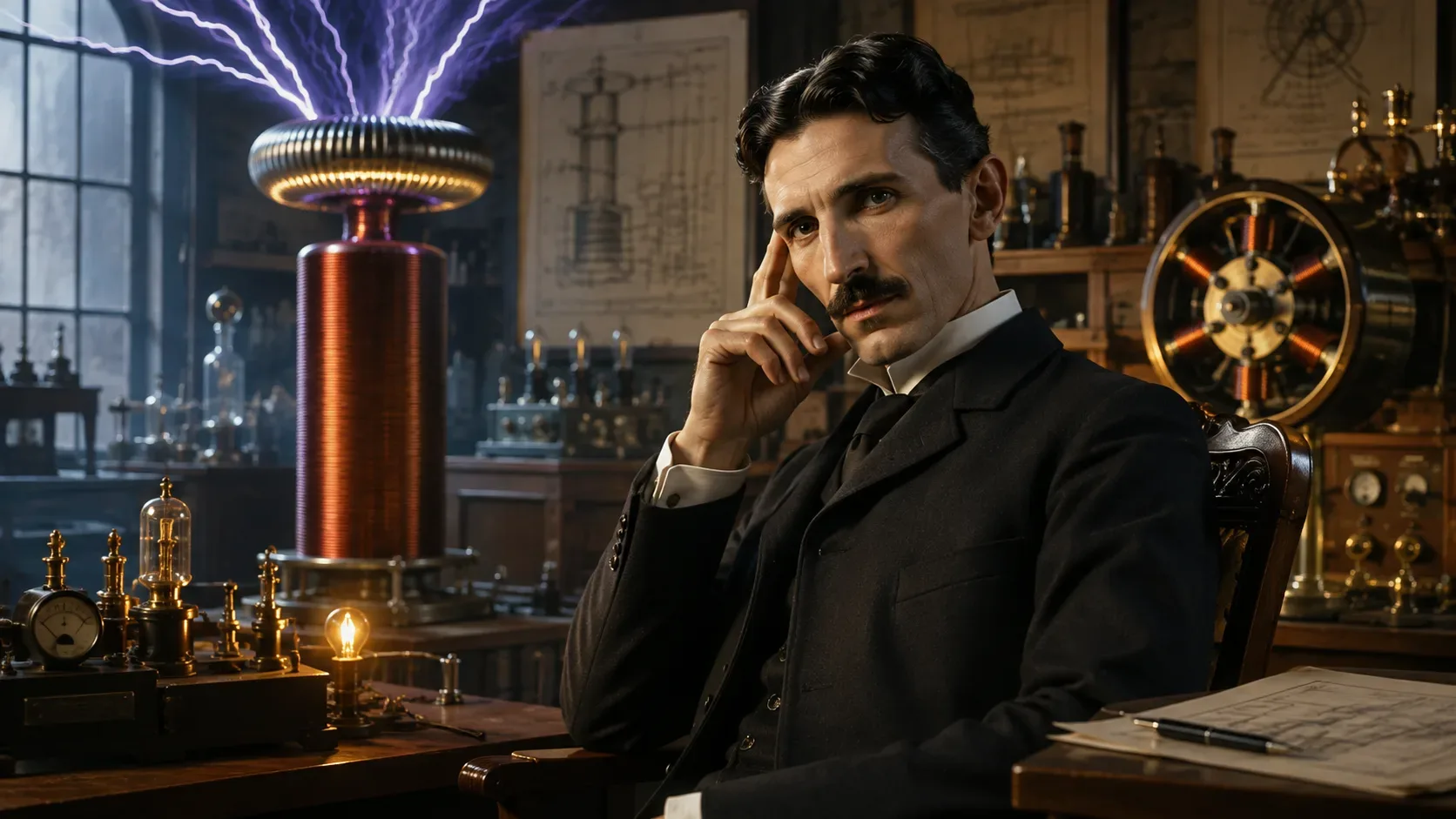 Retrato editorial de Nikola Tesla ao lado de uma bobina e de equipamentos elétricos associados aos seus experimentos.